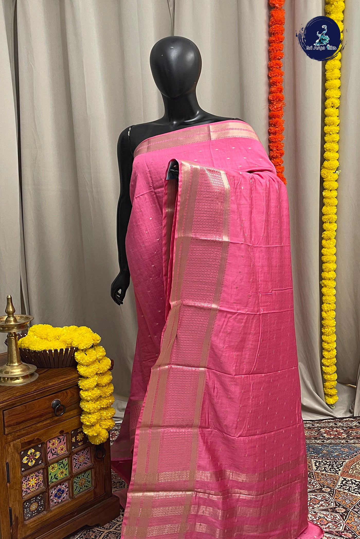 Pink Semi Banarasi Saree With Zari Buttas Pattern