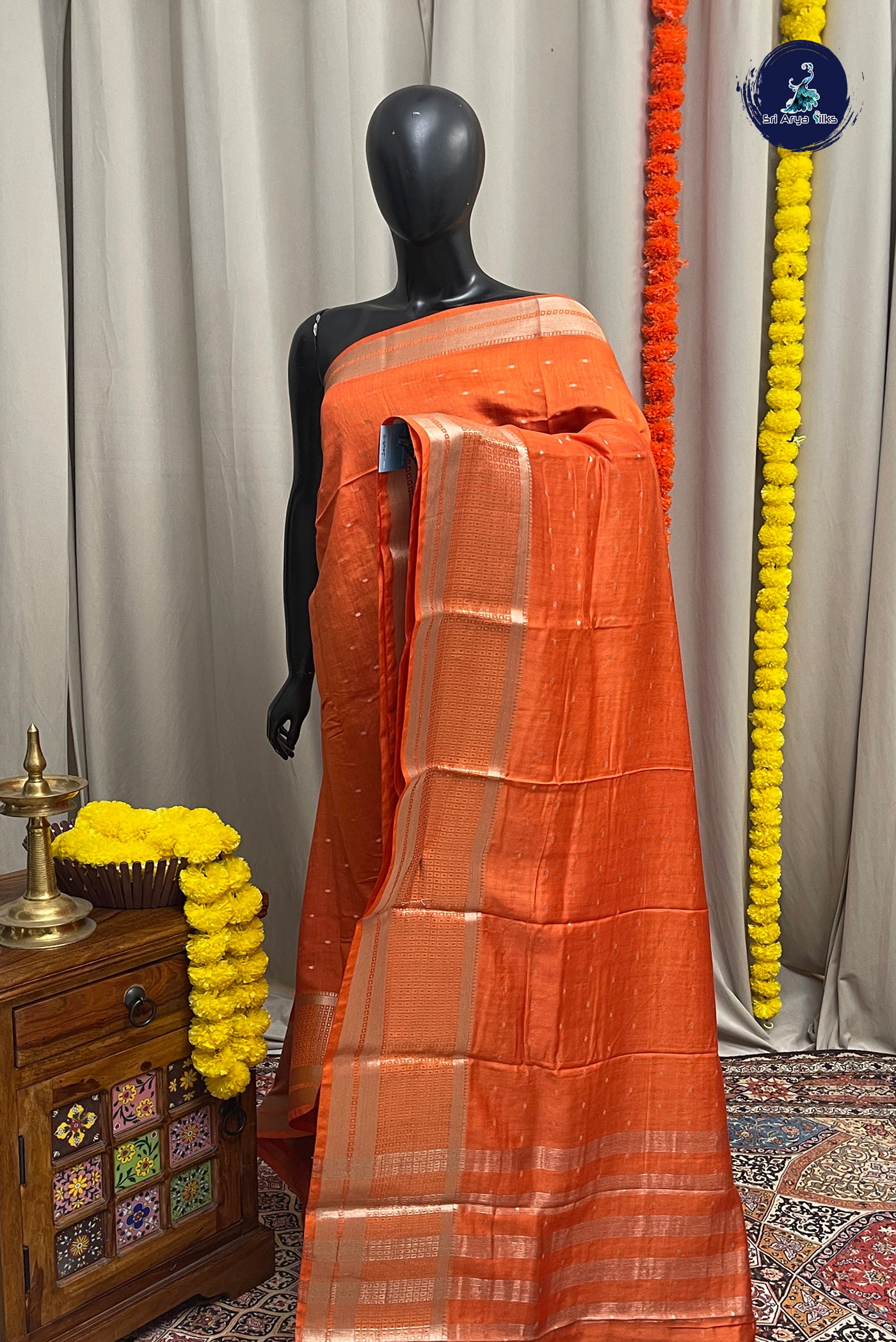 Orange Semi Banarasi Saree With Zari Buttas Pattern
