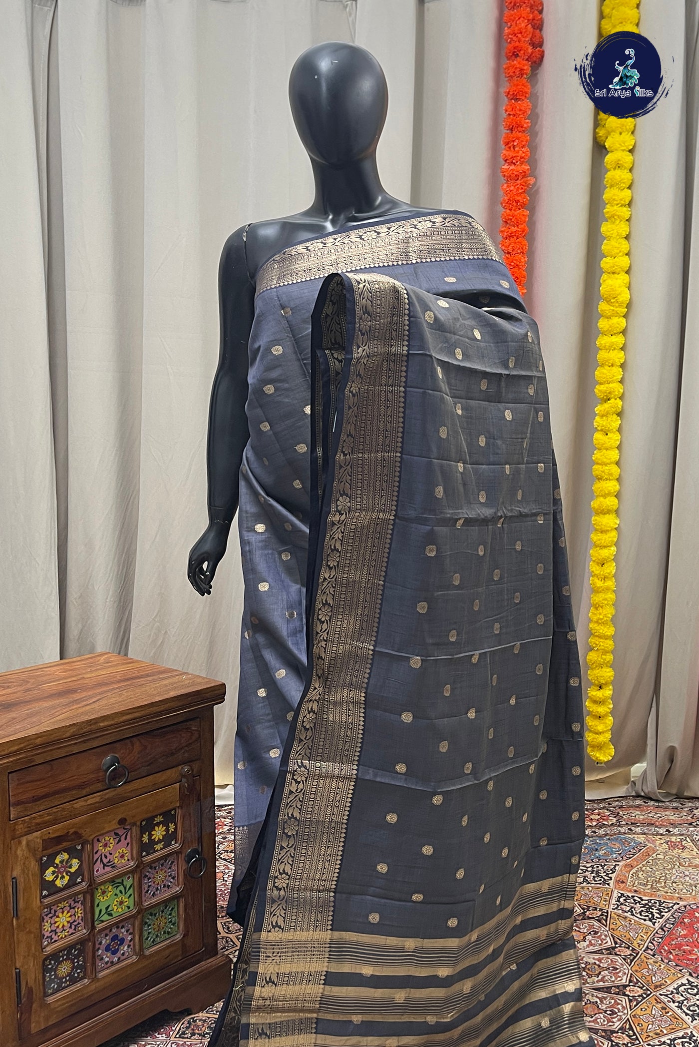 Elephant Grey Semi Tussar Saree With Zari Buttas Pattern