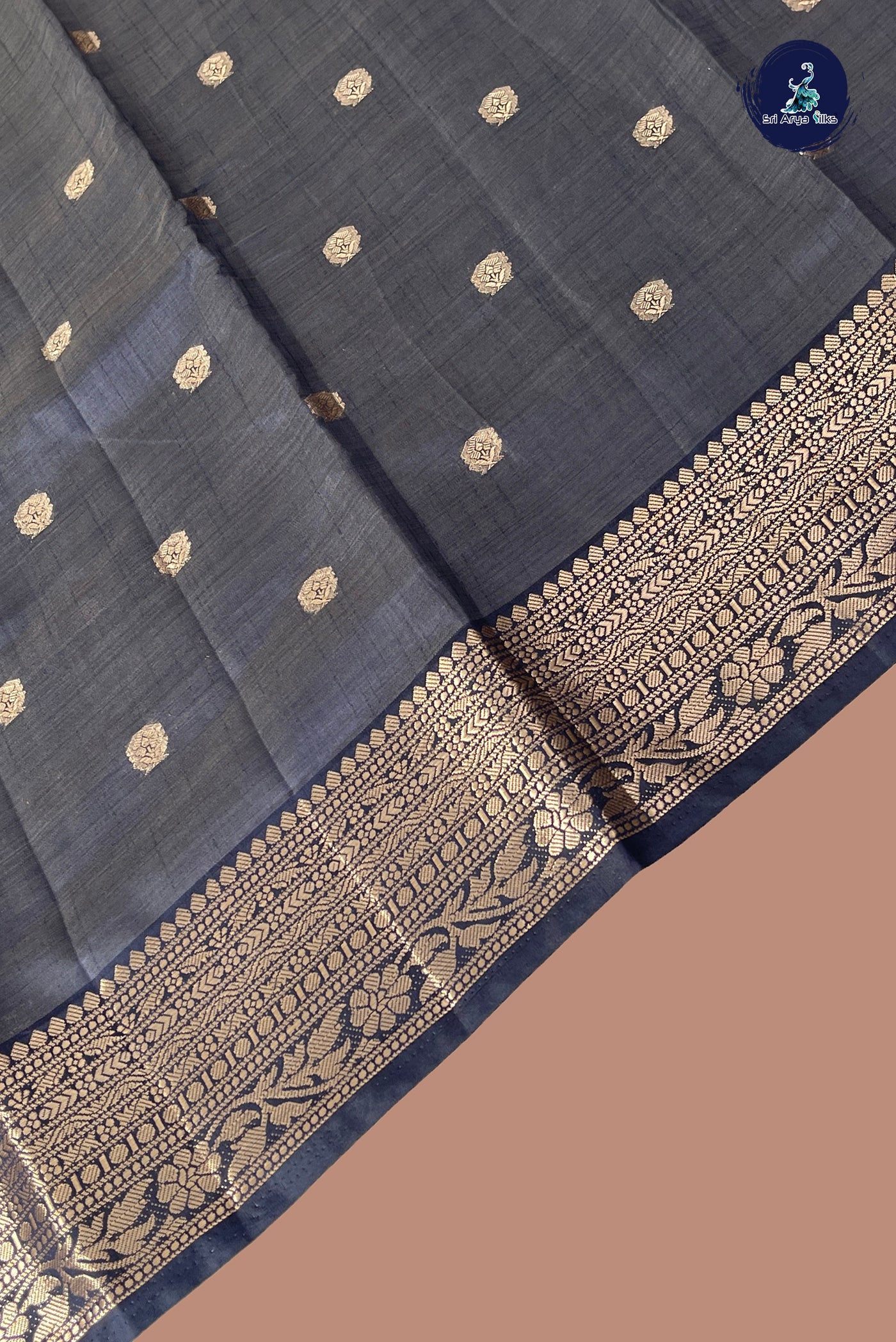 Elephant Grey Semi Tussar Saree With Zari Buttas Pattern