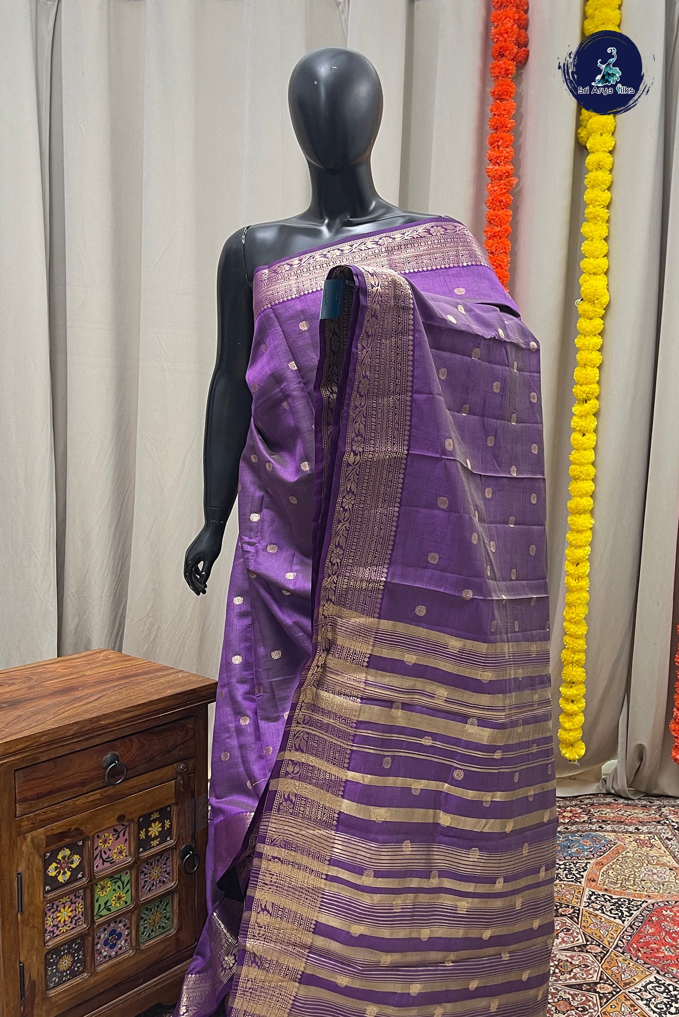 Violet Semi Tussar Saree With Zari Buttas Pattern