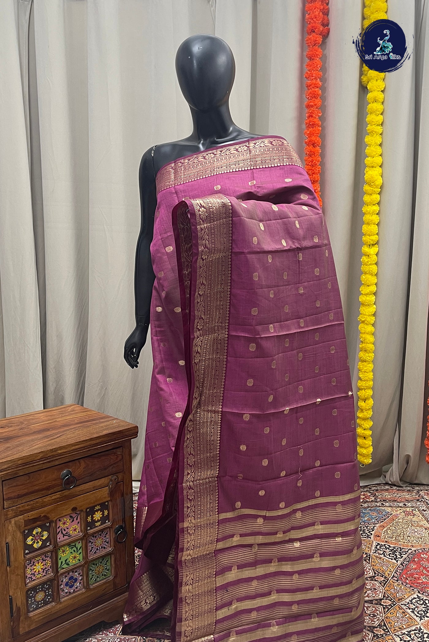 Burgundy Semi Tussar Saree With Zari Buttas Pattern