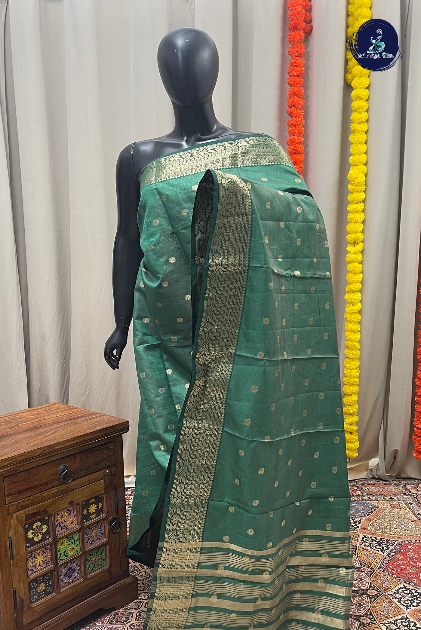 Green Semi Tussar Saree With Zari Buttas Pattern