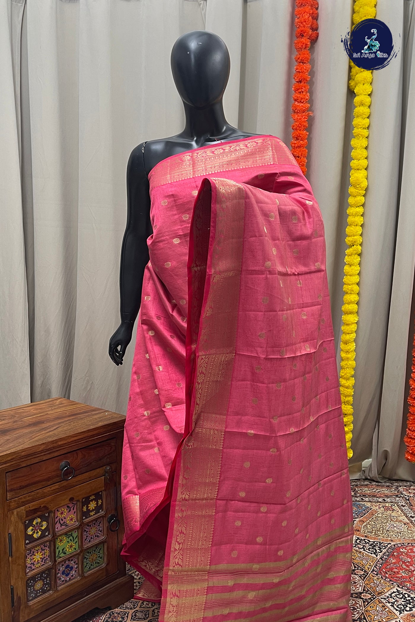 Pink Semi Tussar Saree With Zari Buttas Pattern