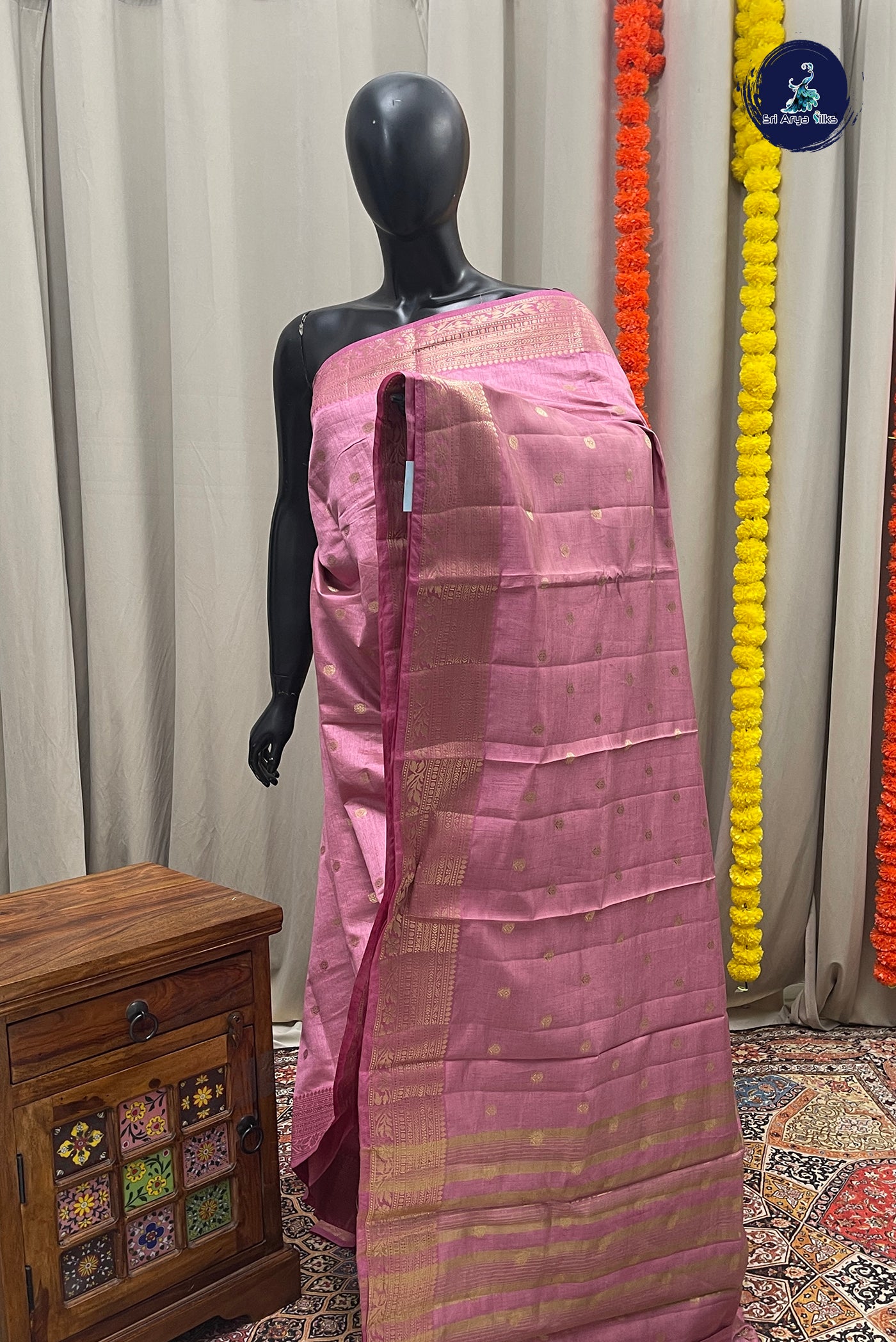 Pink Semi Tussar Saree With Zari Buttas Pattern