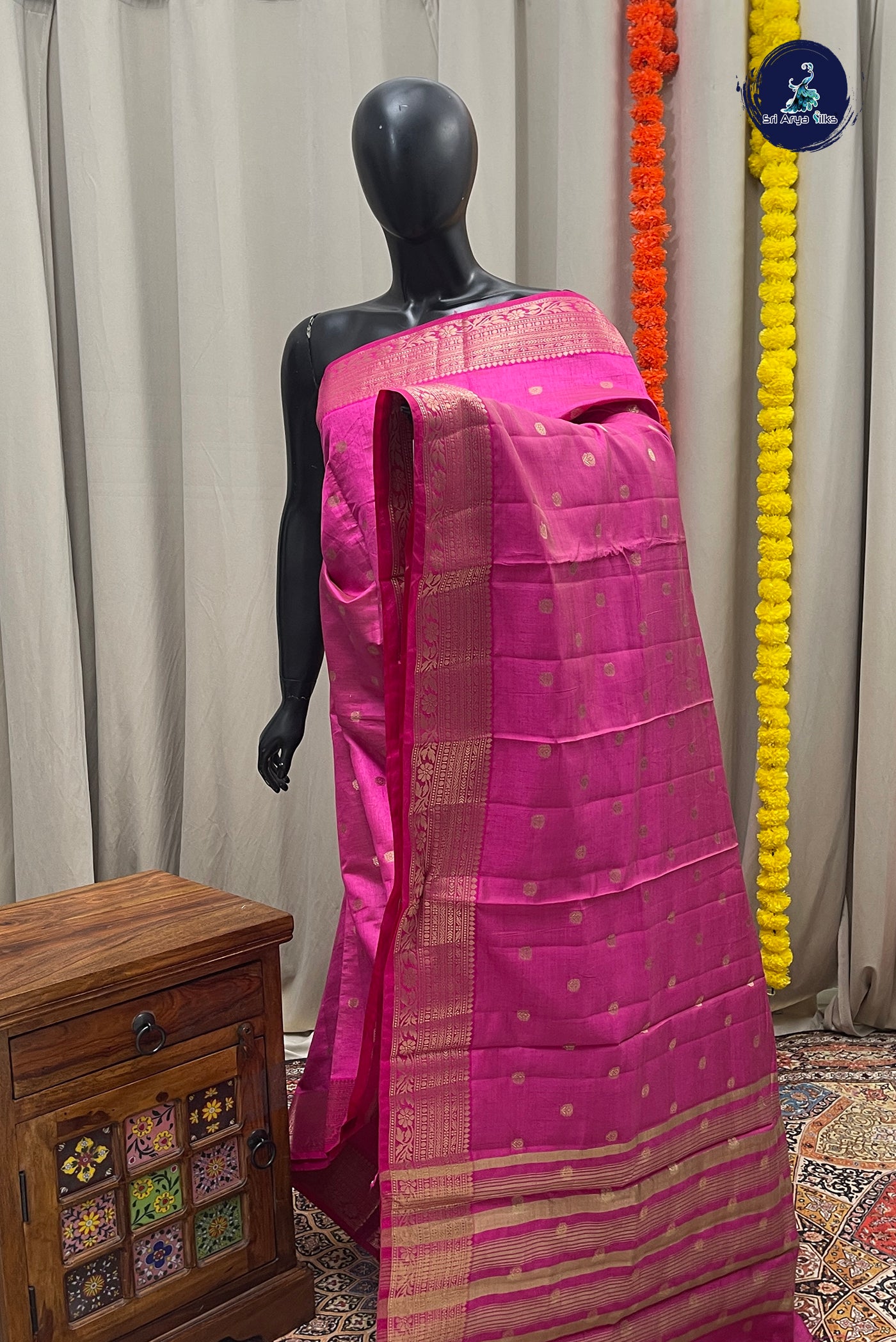 Dark Pink Semi Tussar Saree With Zari Buttas Pattern