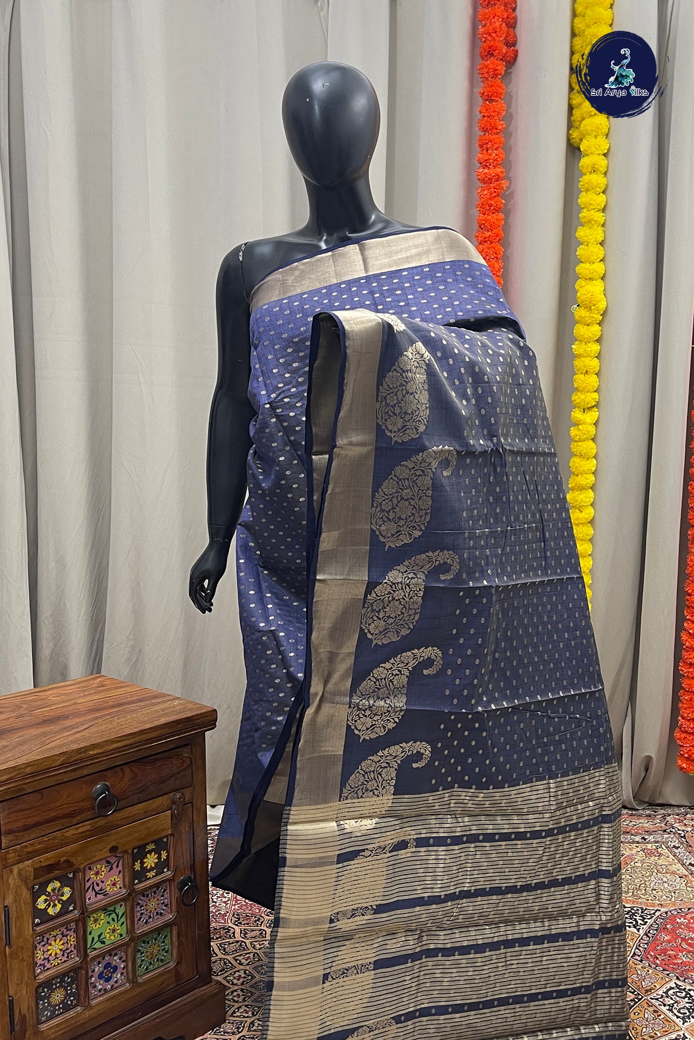 Bluish Grey Semi Tussar Saree With Zari Buttas Pattern