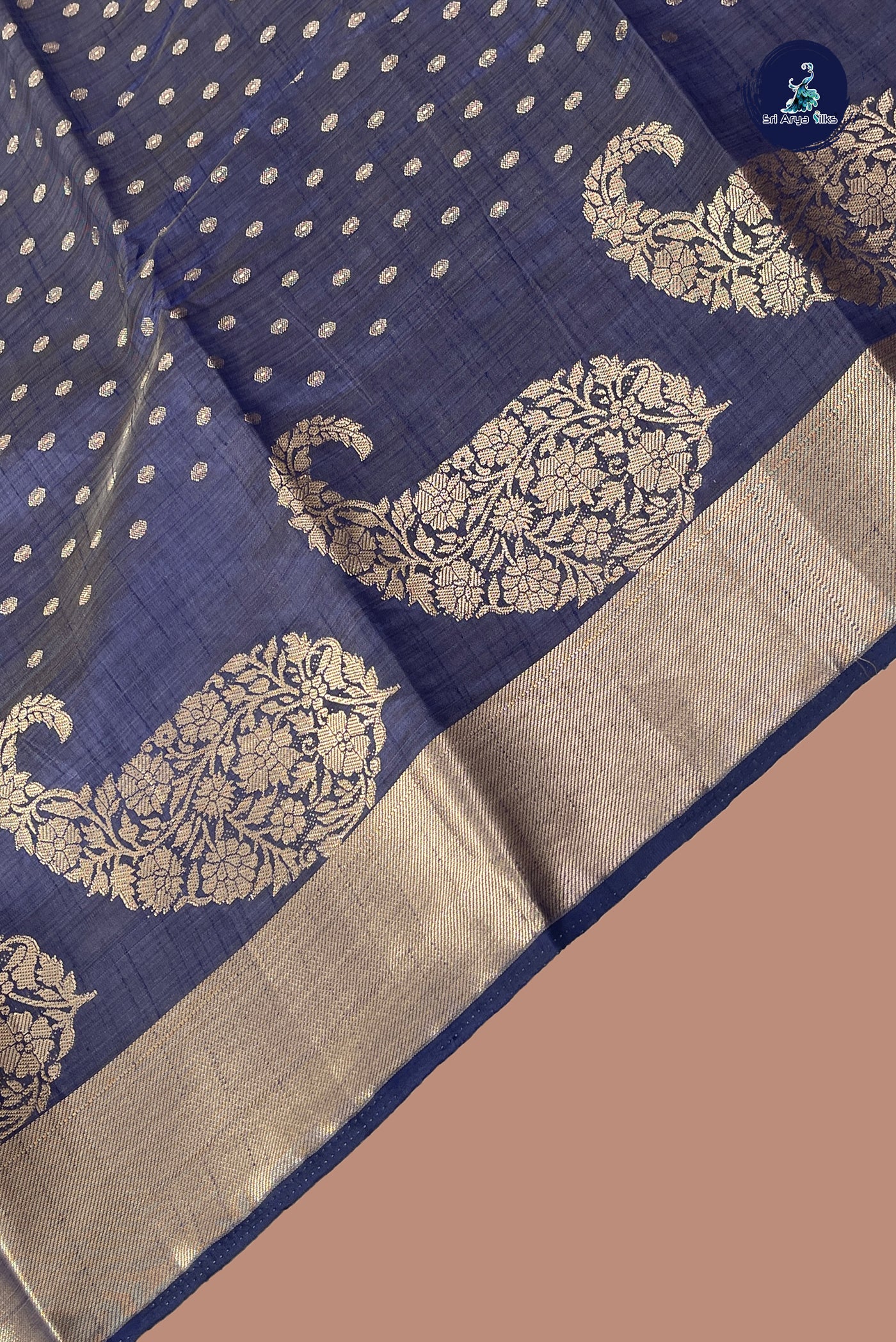 Bluish Grey Semi Tussar Saree With Zari Buttas Pattern