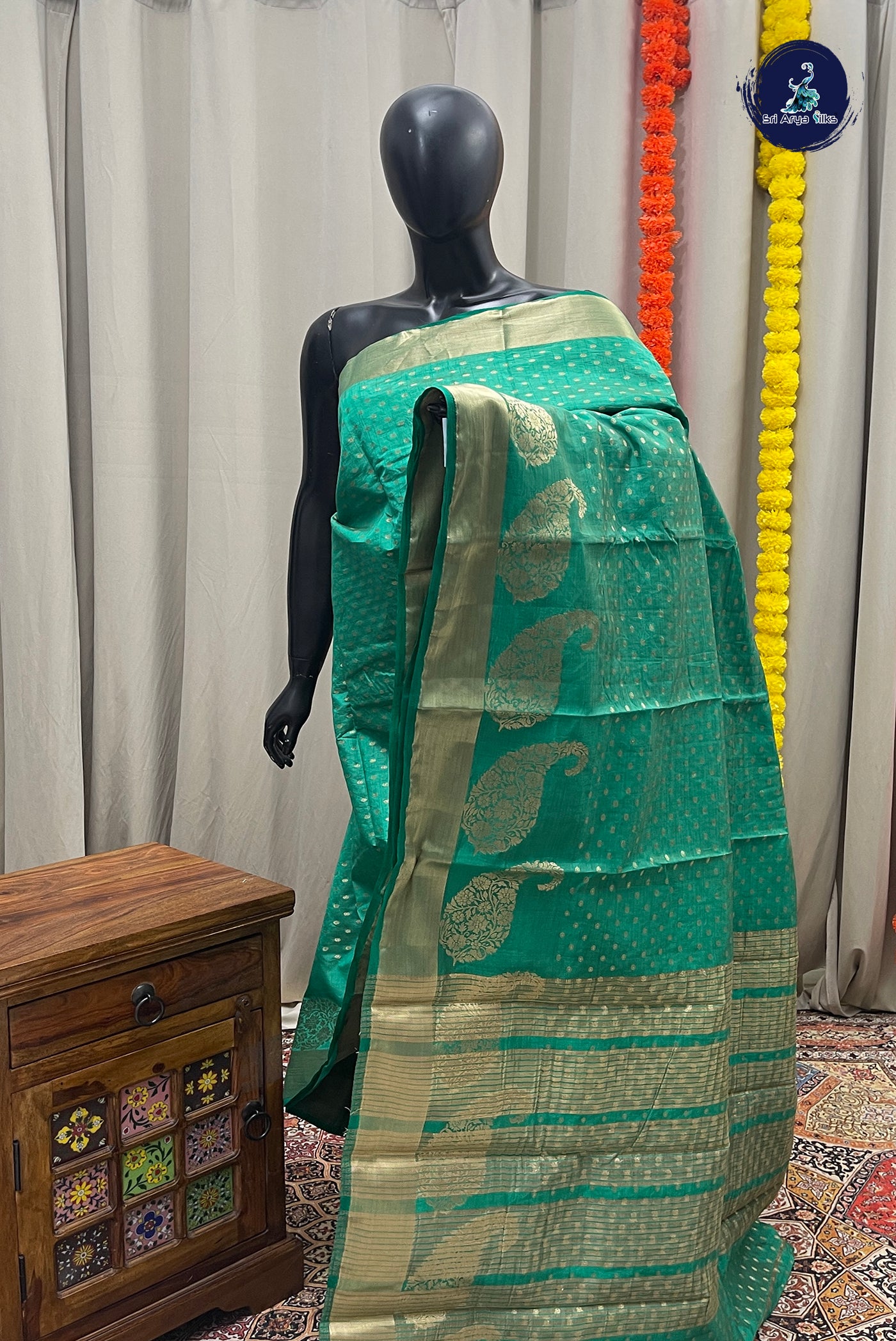 Green Semi Tussar Saree With Zari Buttas Pattern
