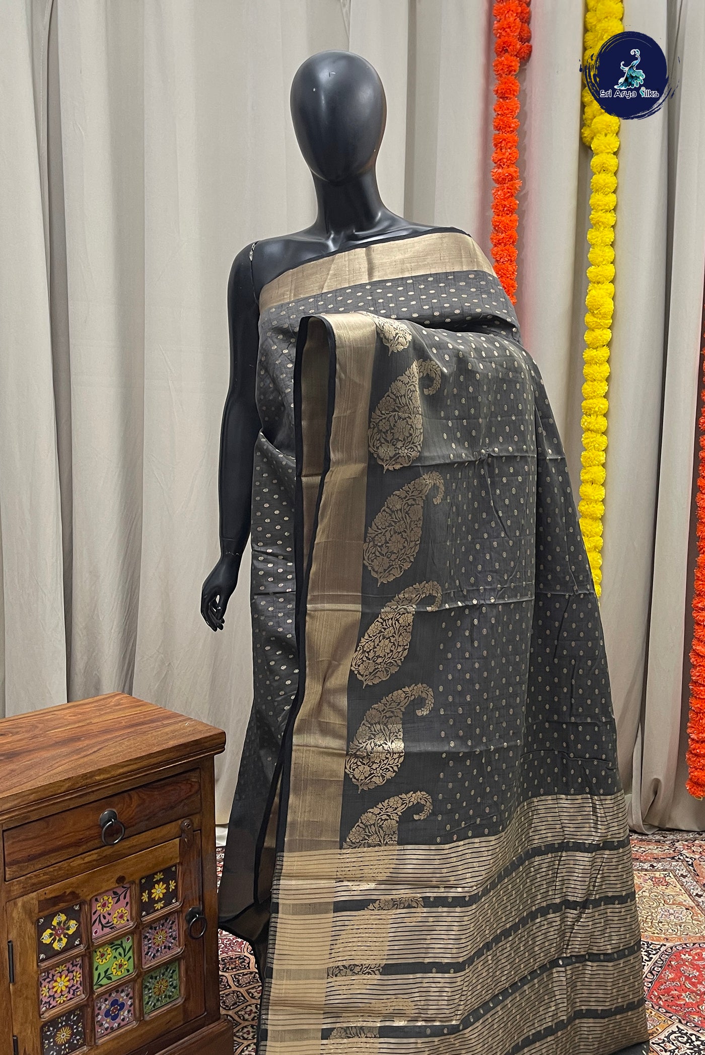 Elephant Grey Semi Tussar Saree With Zari Buttas Pattern