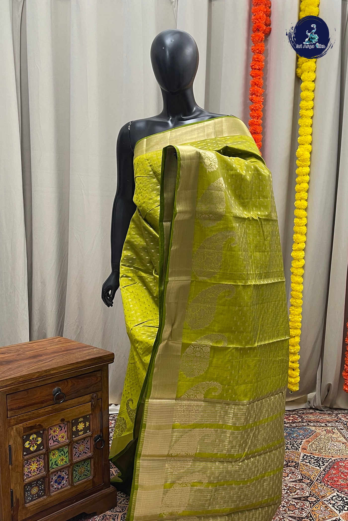 Mehendi Green Semi Tussar Saree With Zari Buttas Pattern