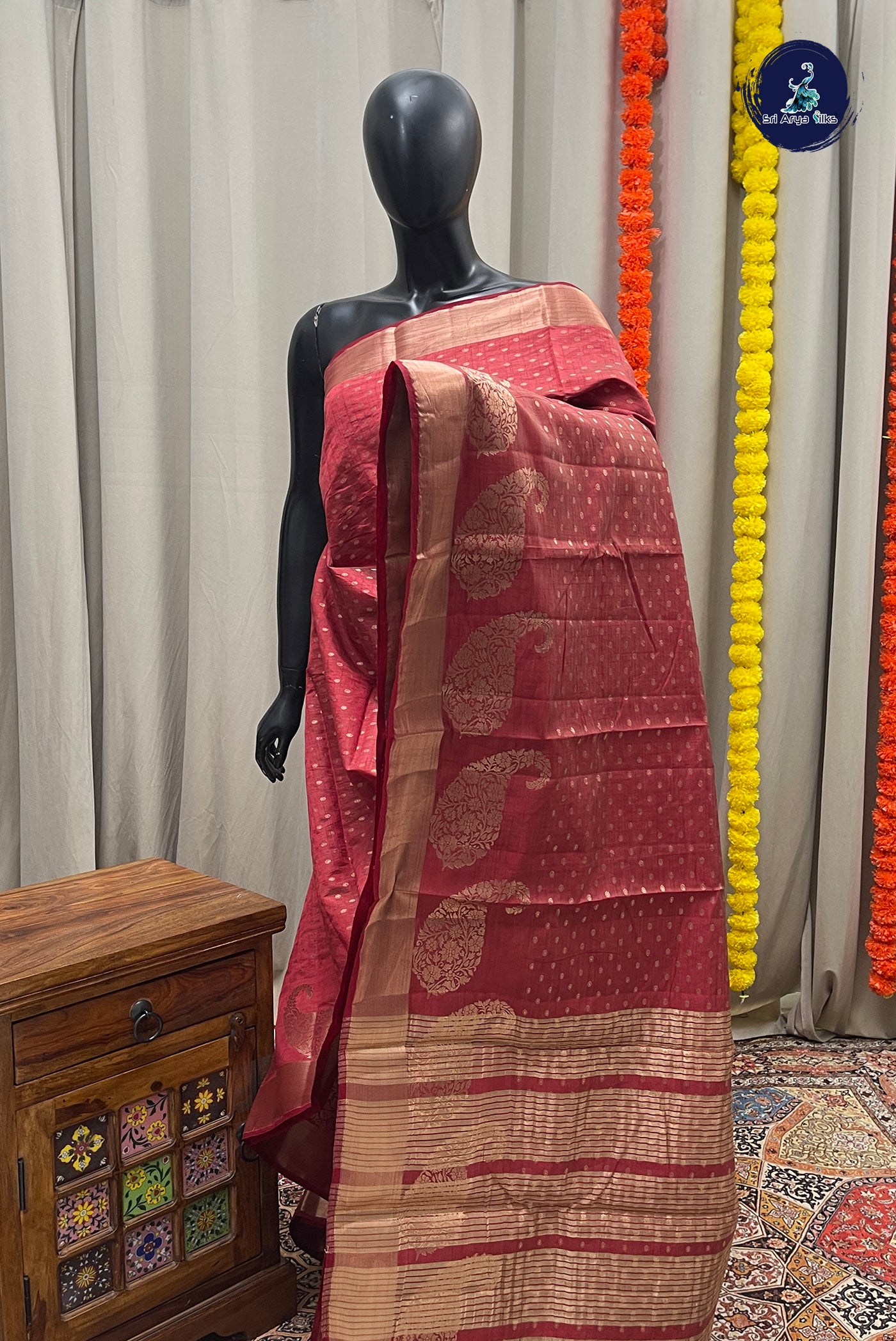 Maroon Semi Tussar Saree With Zari Buttas Pattern
