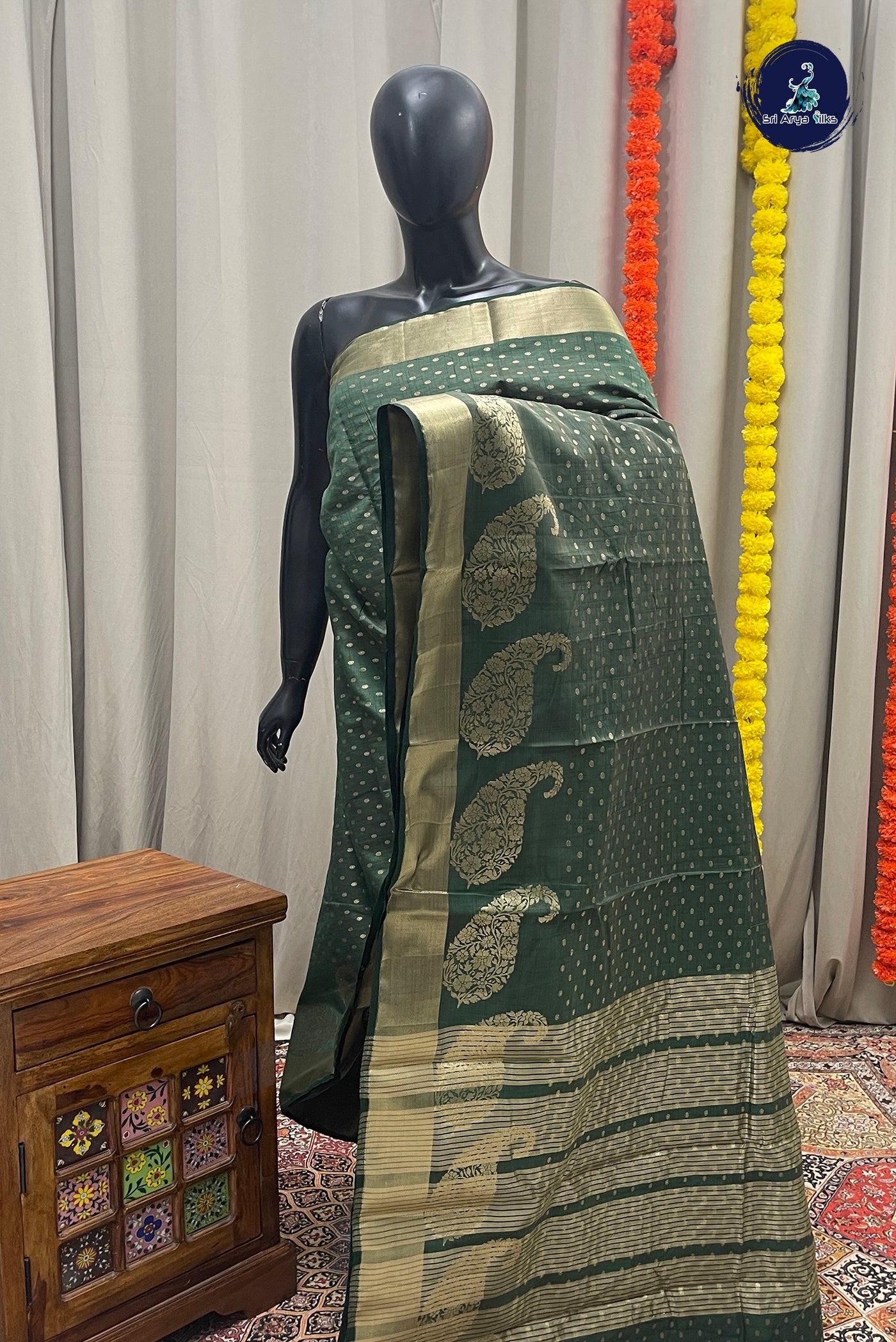 Dark Green Semi Tussar Saree With Zari Buttas Pattern