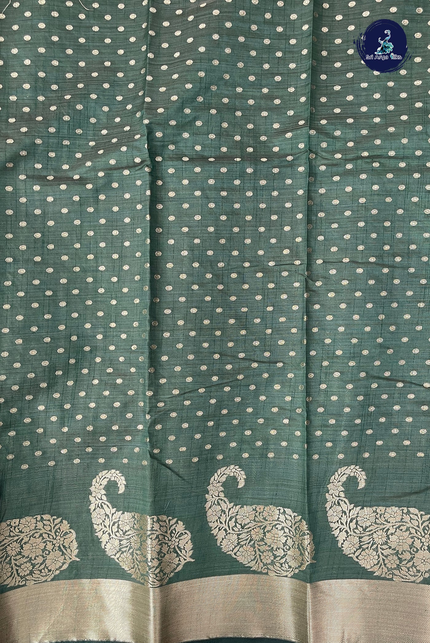 Dark Green Semi Tussar Saree With Zari Buttas Pattern