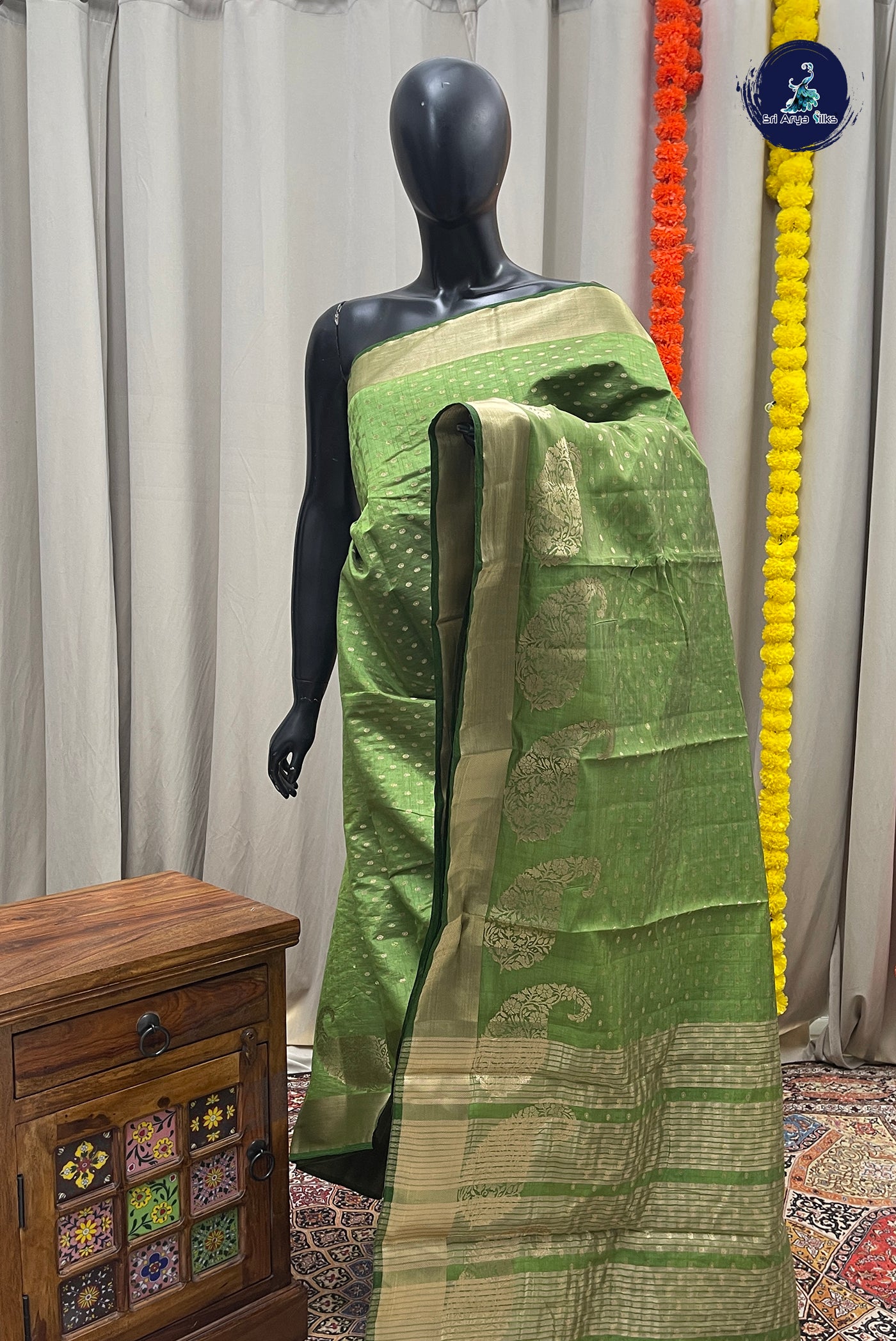 Light Green Semi Tussar Saree With Zari Buttas Pattern