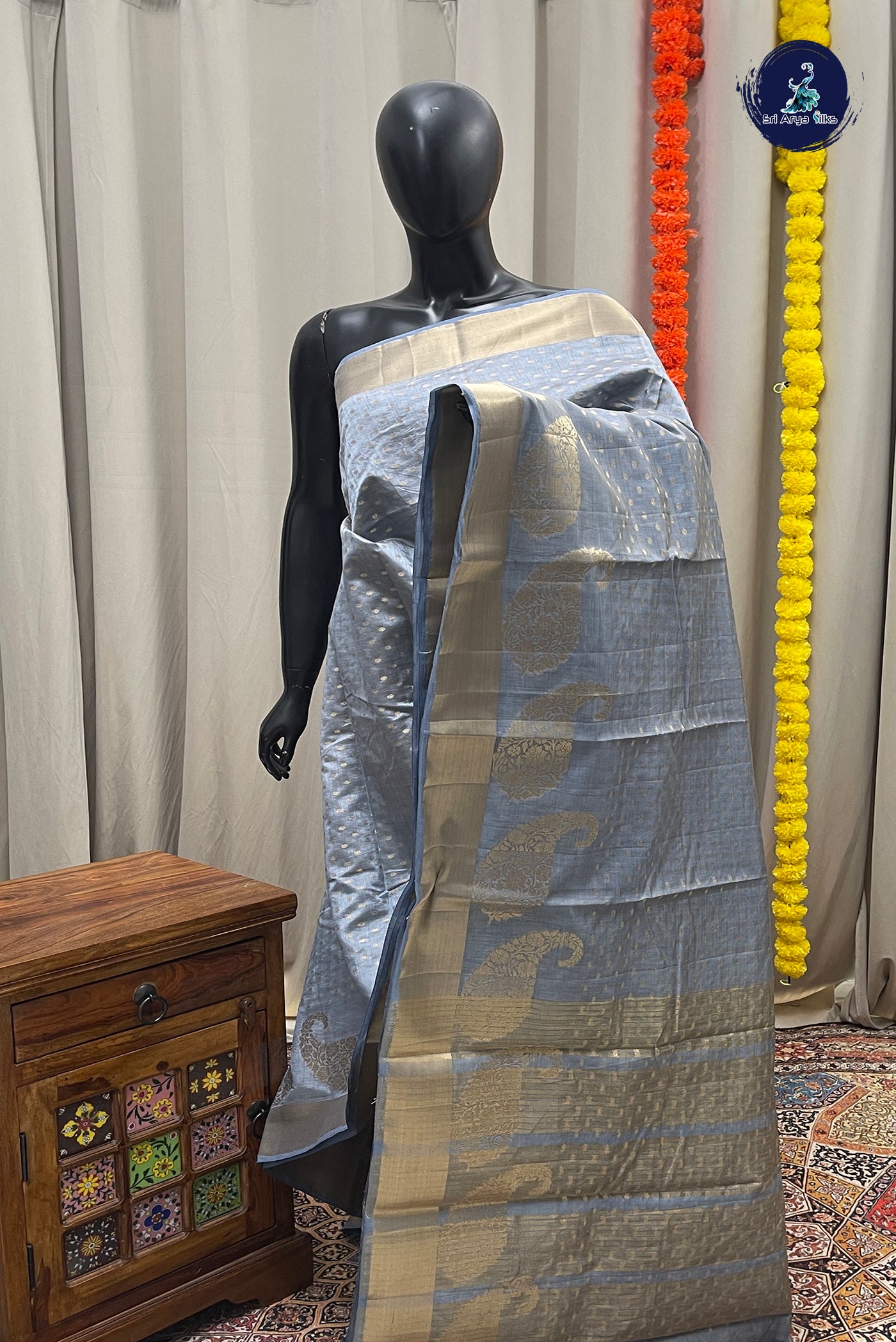Silver Grey Semi Tussar Saree With Zari Buttas Pattern