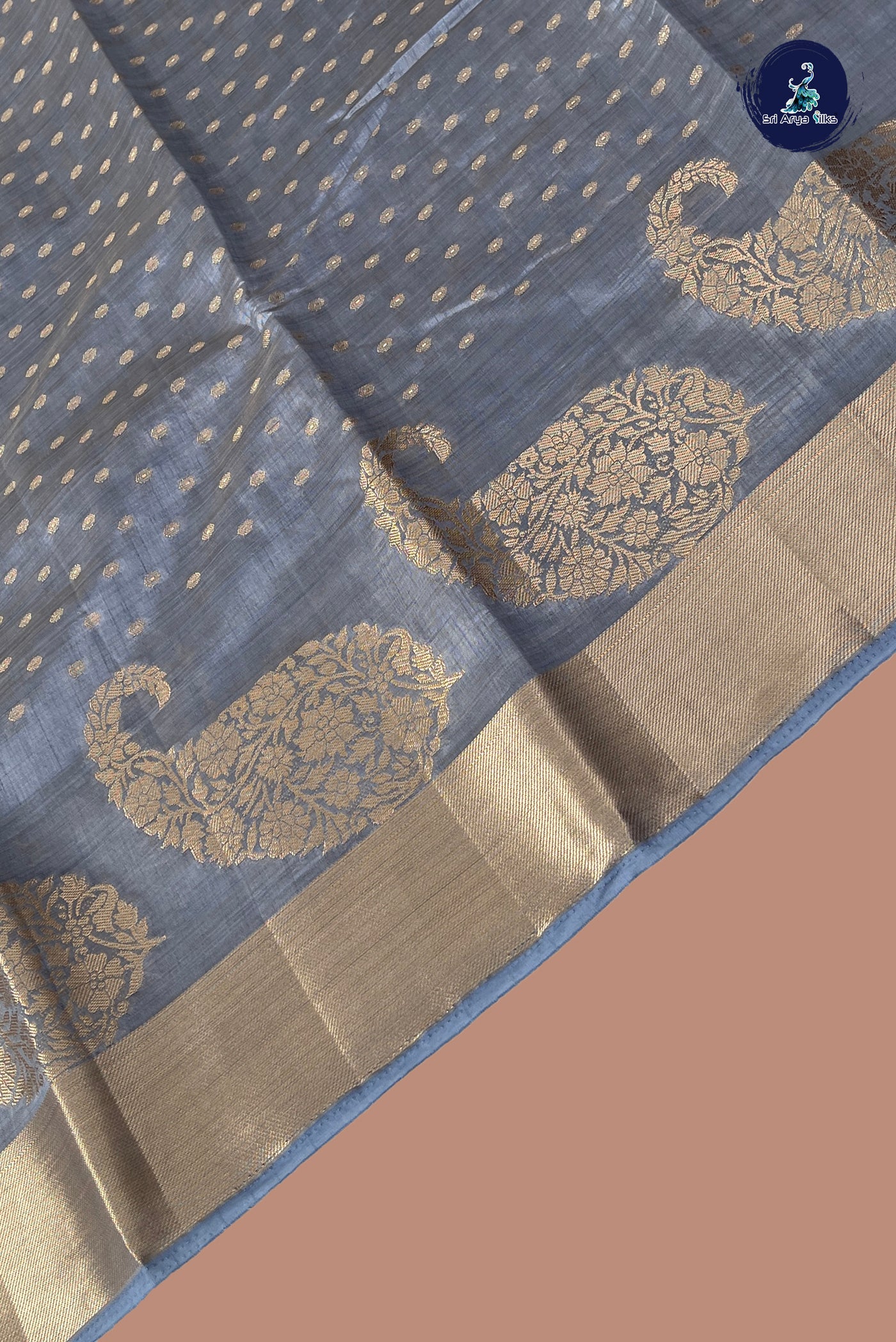 Silver Grey Semi Tussar Saree With Zari Buttas Pattern