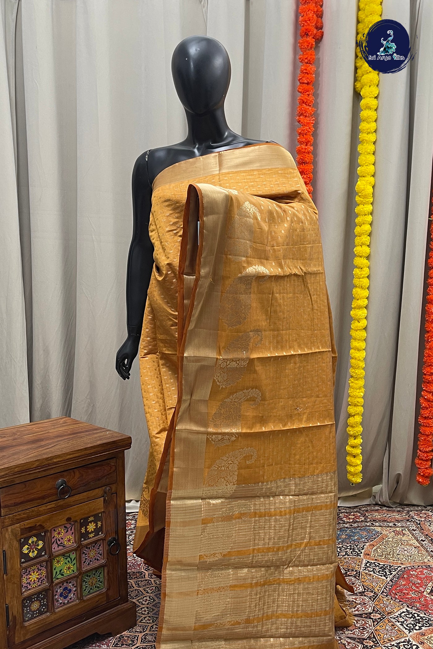 Mustard Yellow Semi Tussar Saree With Zari Buttas Pattern