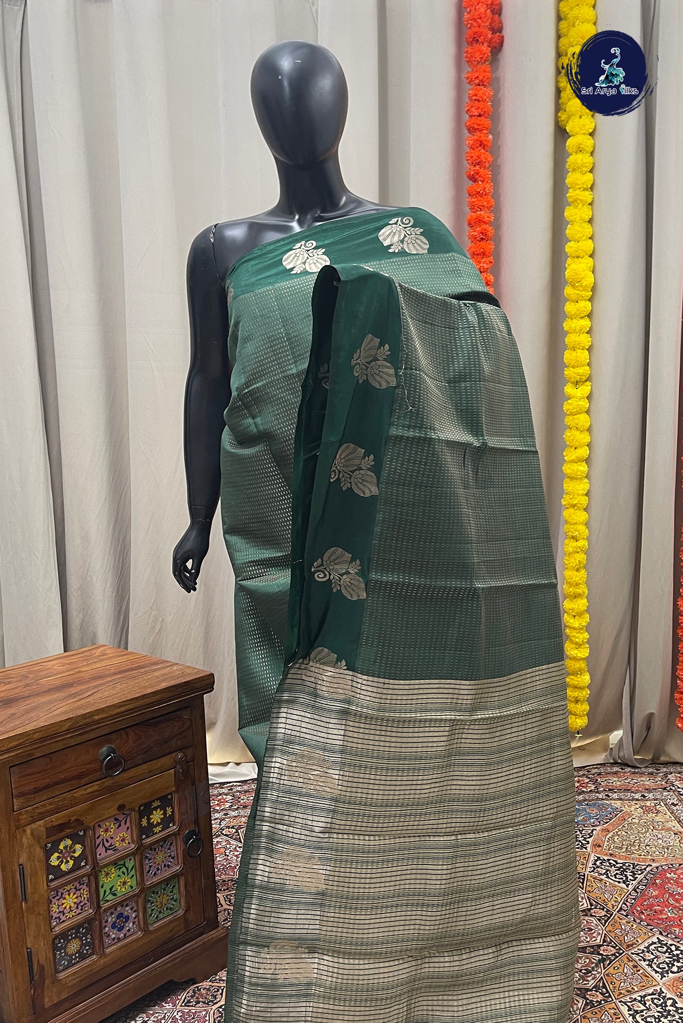 Green Semi Tussar Saree With Zari Woven Pattern
