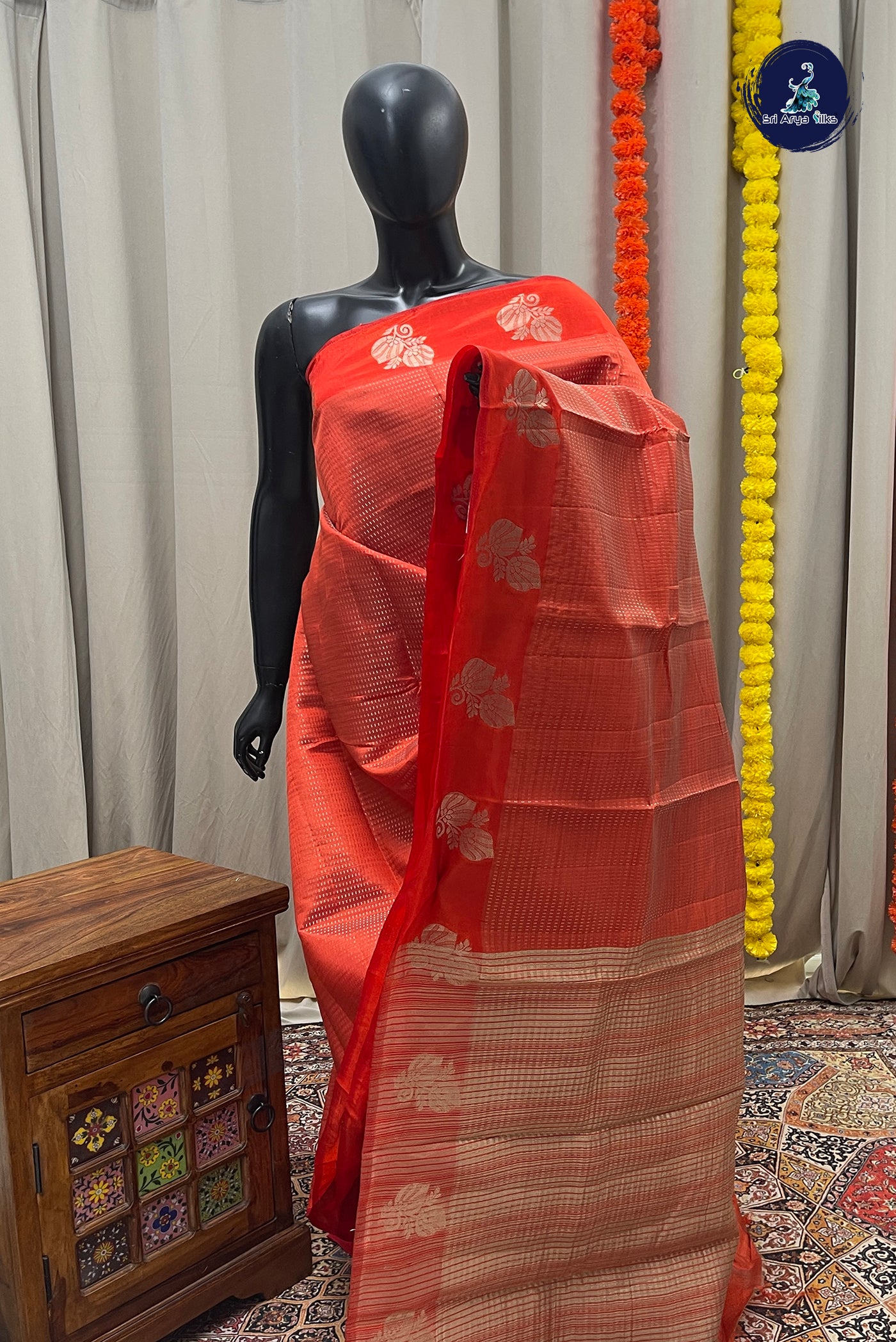 Orange Semi Tussar Saree With Zari Woven Pattern