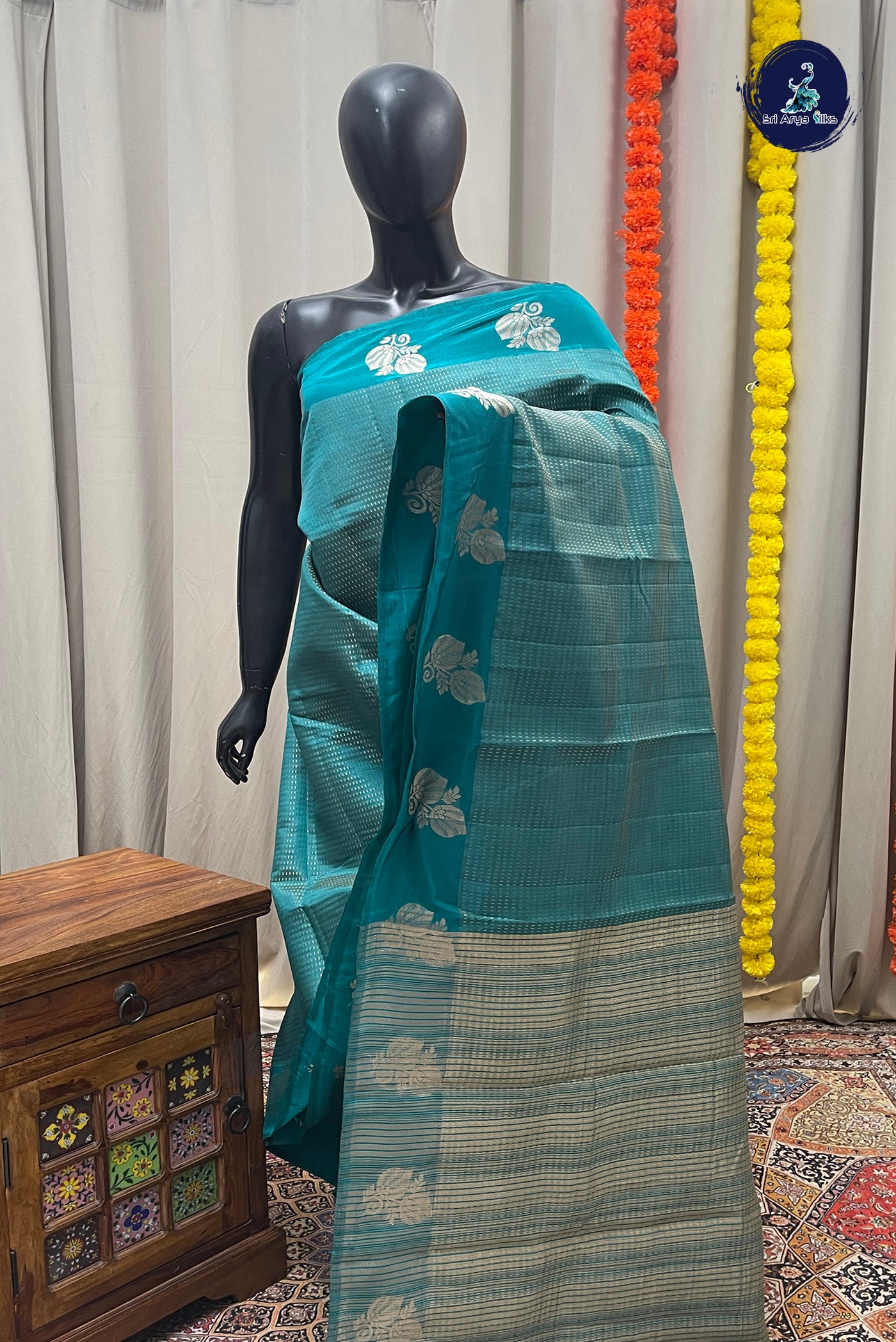 Teal Semi Tussar Saree With Zari Woven Pattern