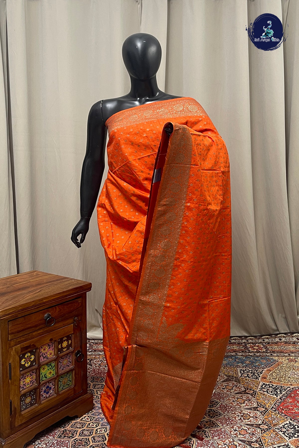 Orange Semi Tussar Saree With Zari Buttas Pattern