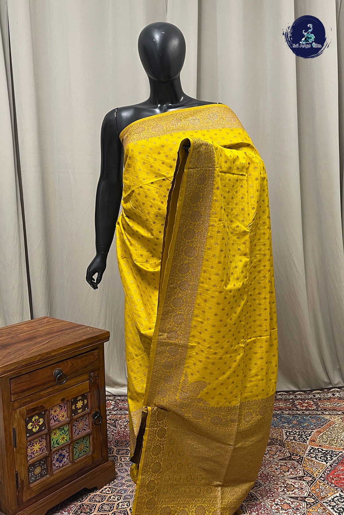 Mustard Yellow Semi Tussar Saree With Zari Buttas Pattern