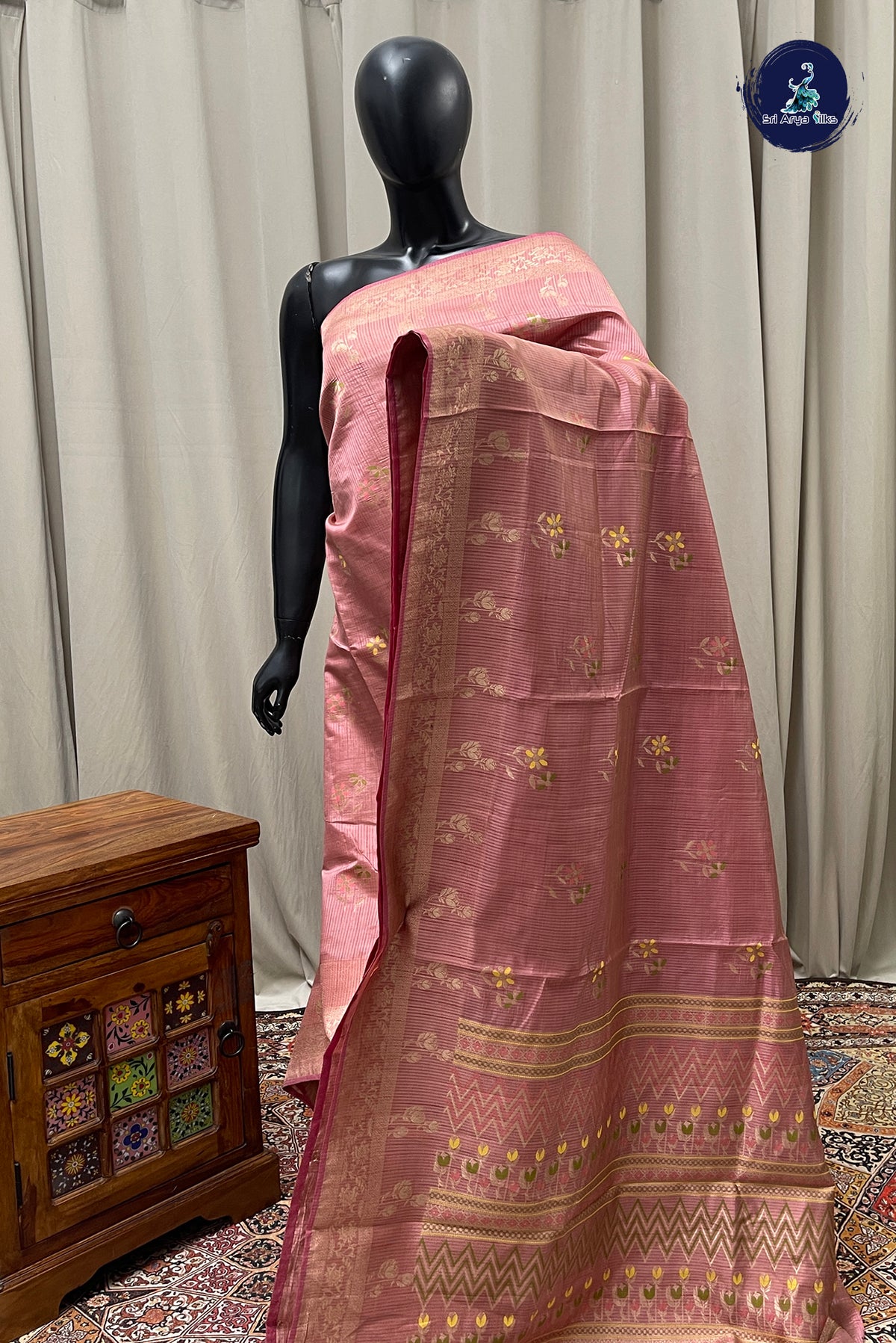 Light Pink Semi Tussar Saree With Zari Buttas Pattern