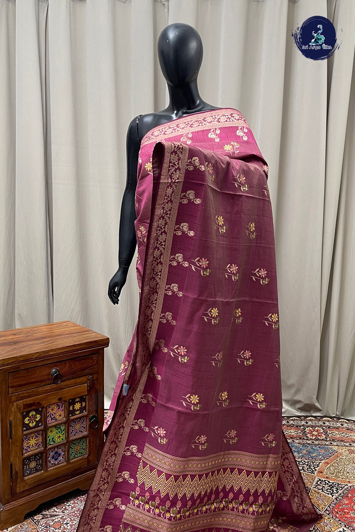 Dual Tone Wine Semi Tussar Saree With Zari Buttas Pattern