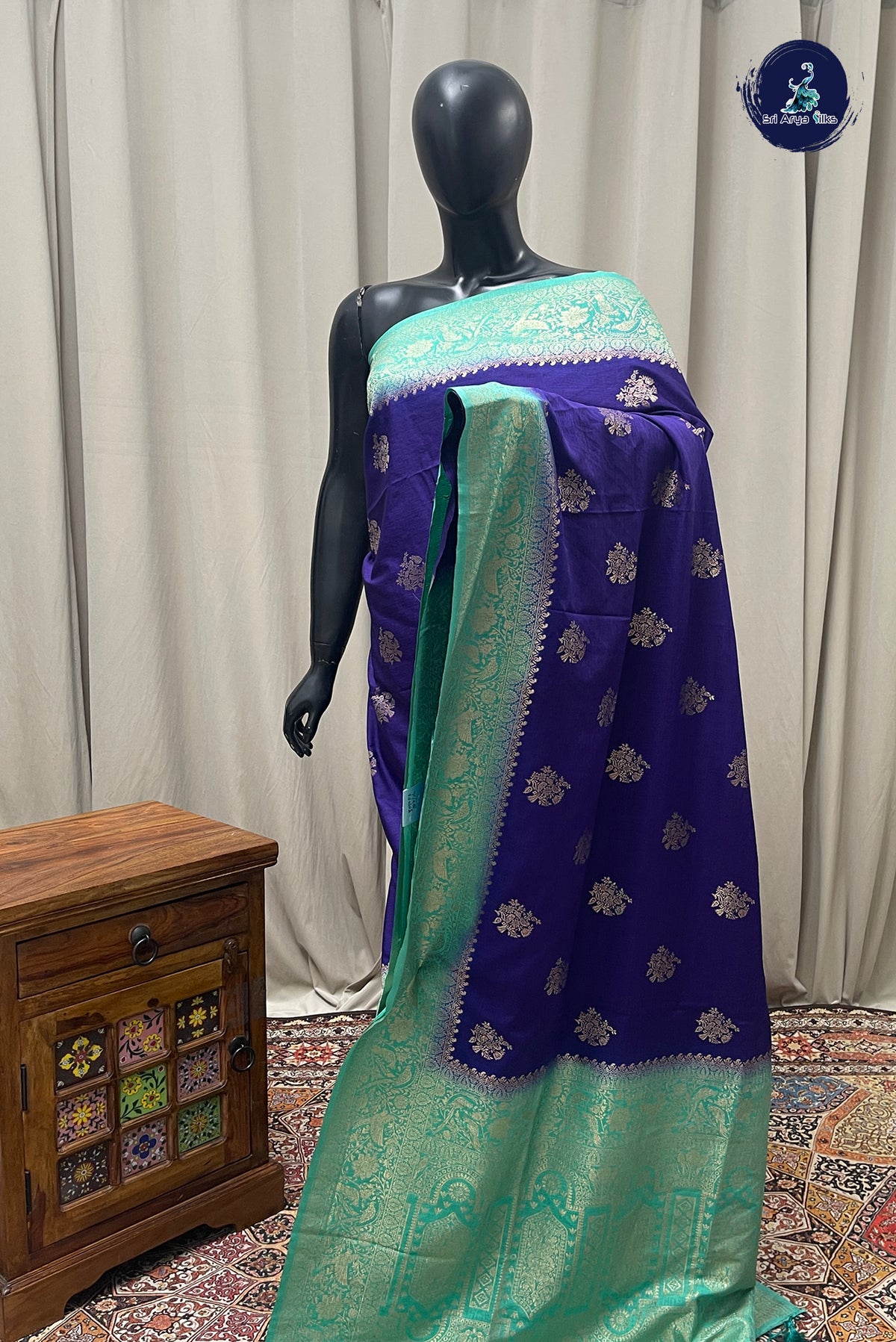 Dark Blue Semi Raw Silk Saree With Zari Buttas Pattern