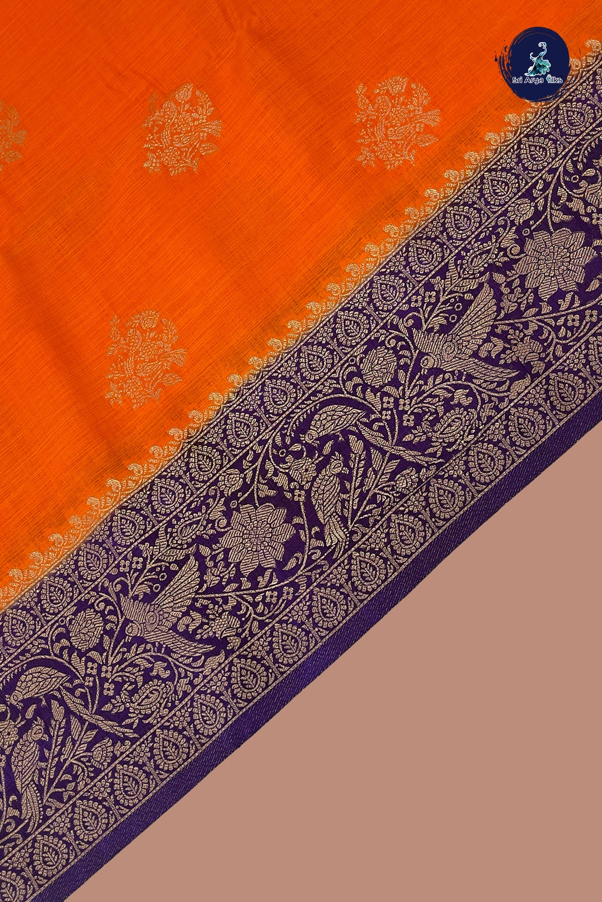 Orange Semi Raw Silk Saree With Zari Buttas Pattern