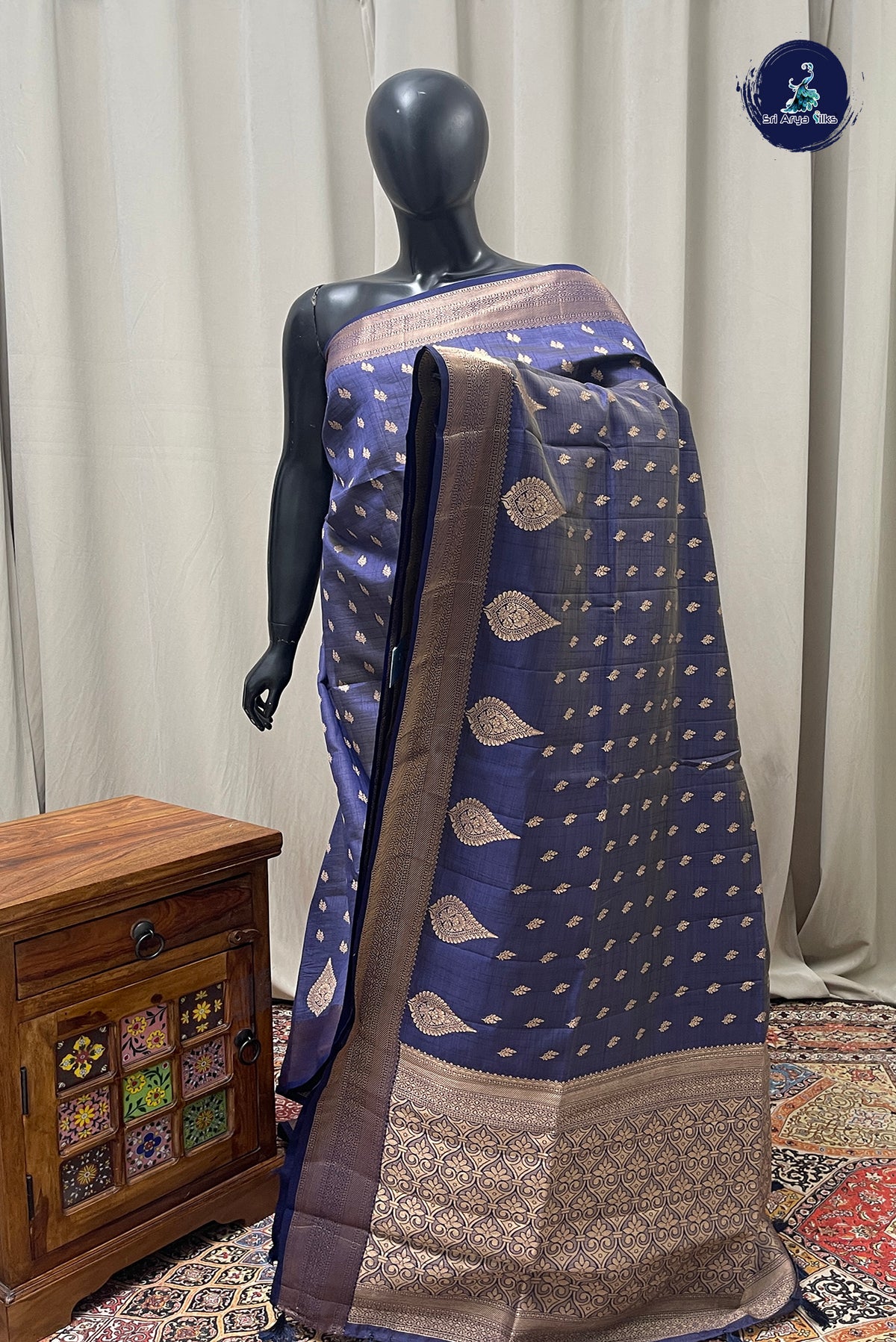 Dark Blue Semi Tussar Saree With Zari Buttas Pattern