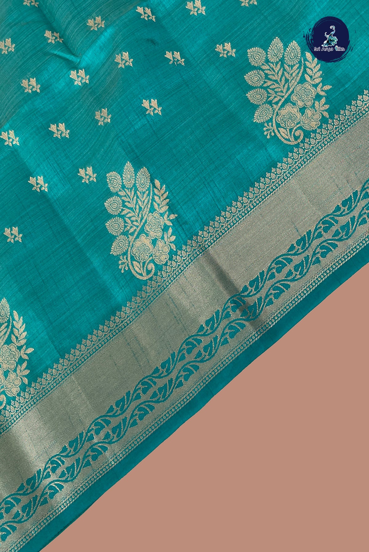 Teal Semi Tussar Saree With Zari Buttas Pattern