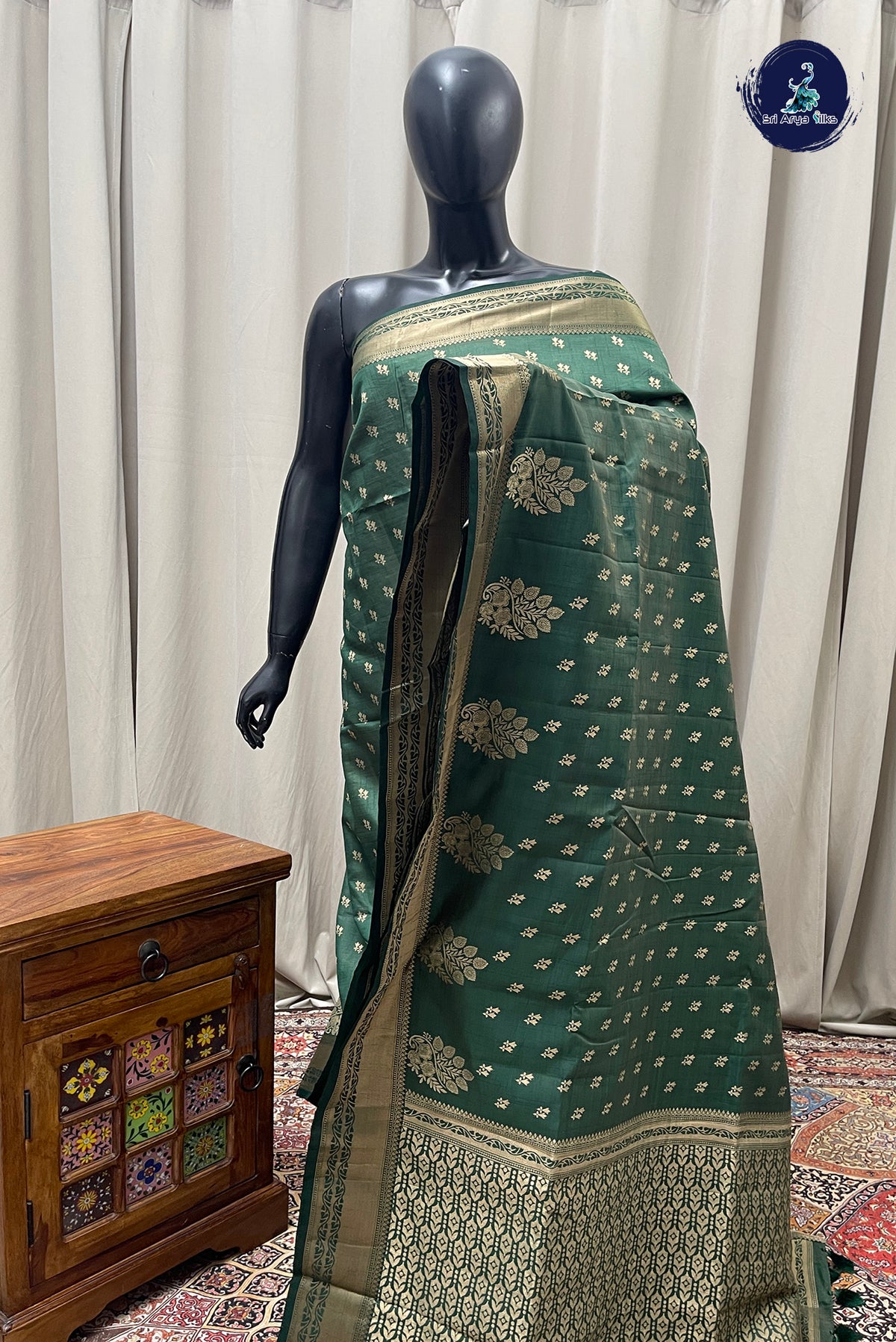 Dark Green Semi Tussar Saree With Zari Buttas Pattern