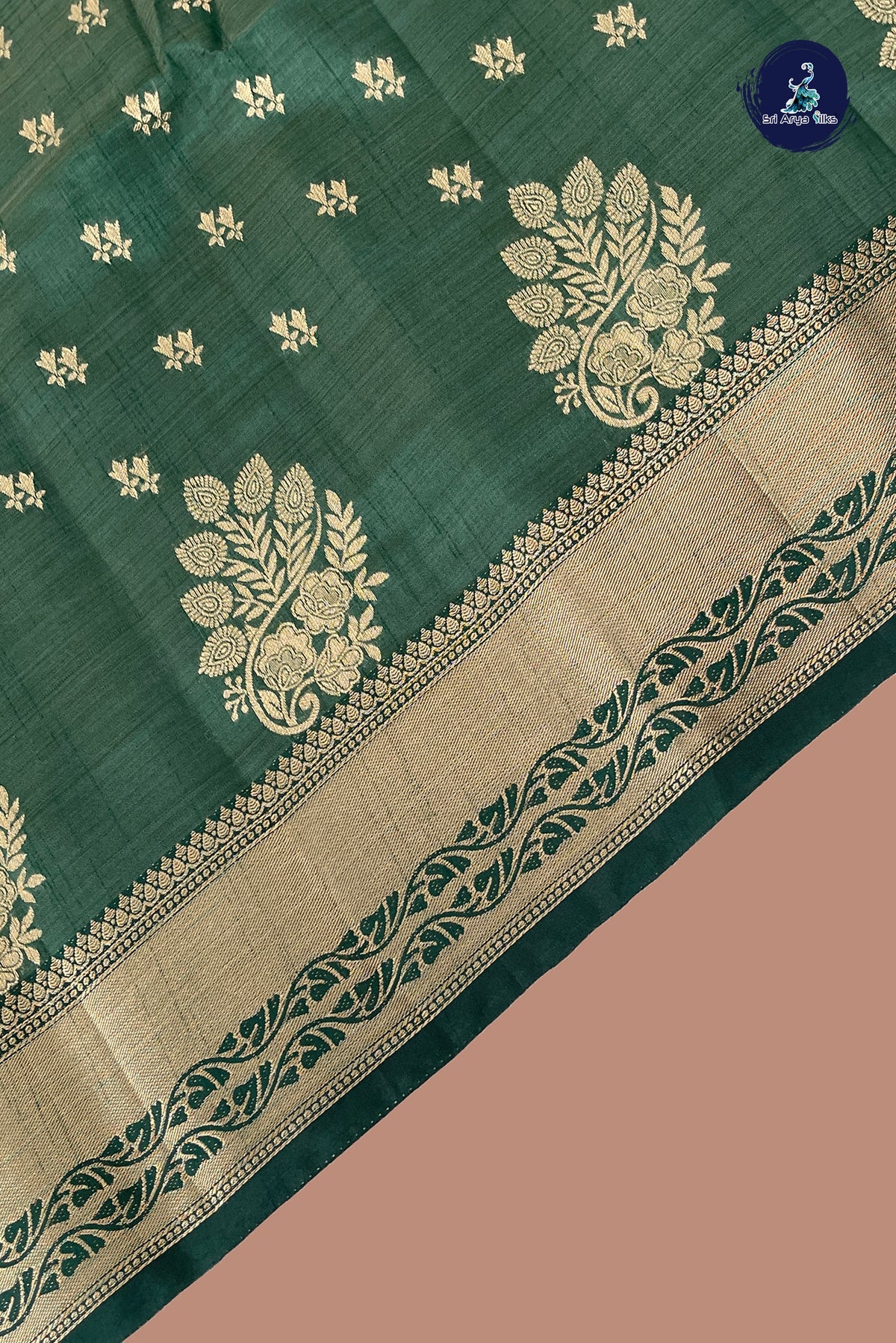 Dark Green Semi Tussar Saree With Zari Buttas Pattern