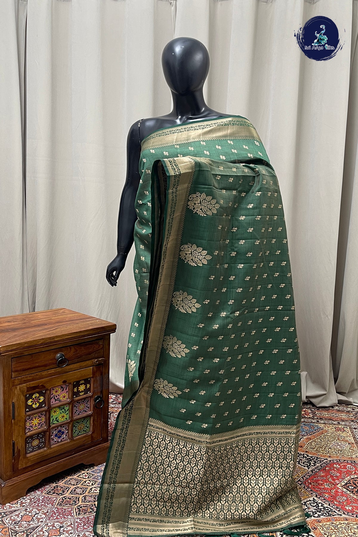 Dark Green Semi Tussar Saree With Zari Buttas Pattern