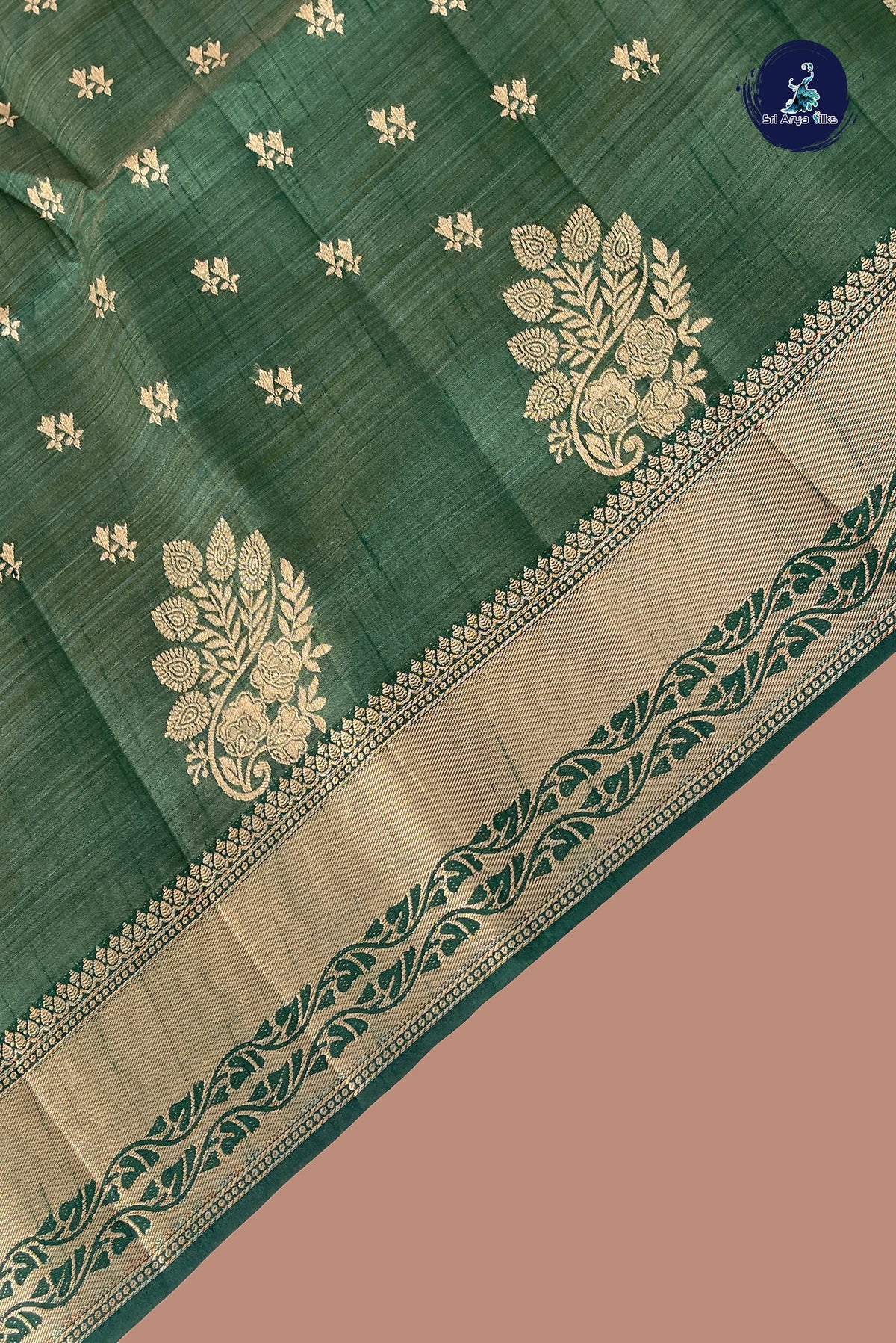 Dark Green Semi Tussar Saree With Zari Buttas Pattern