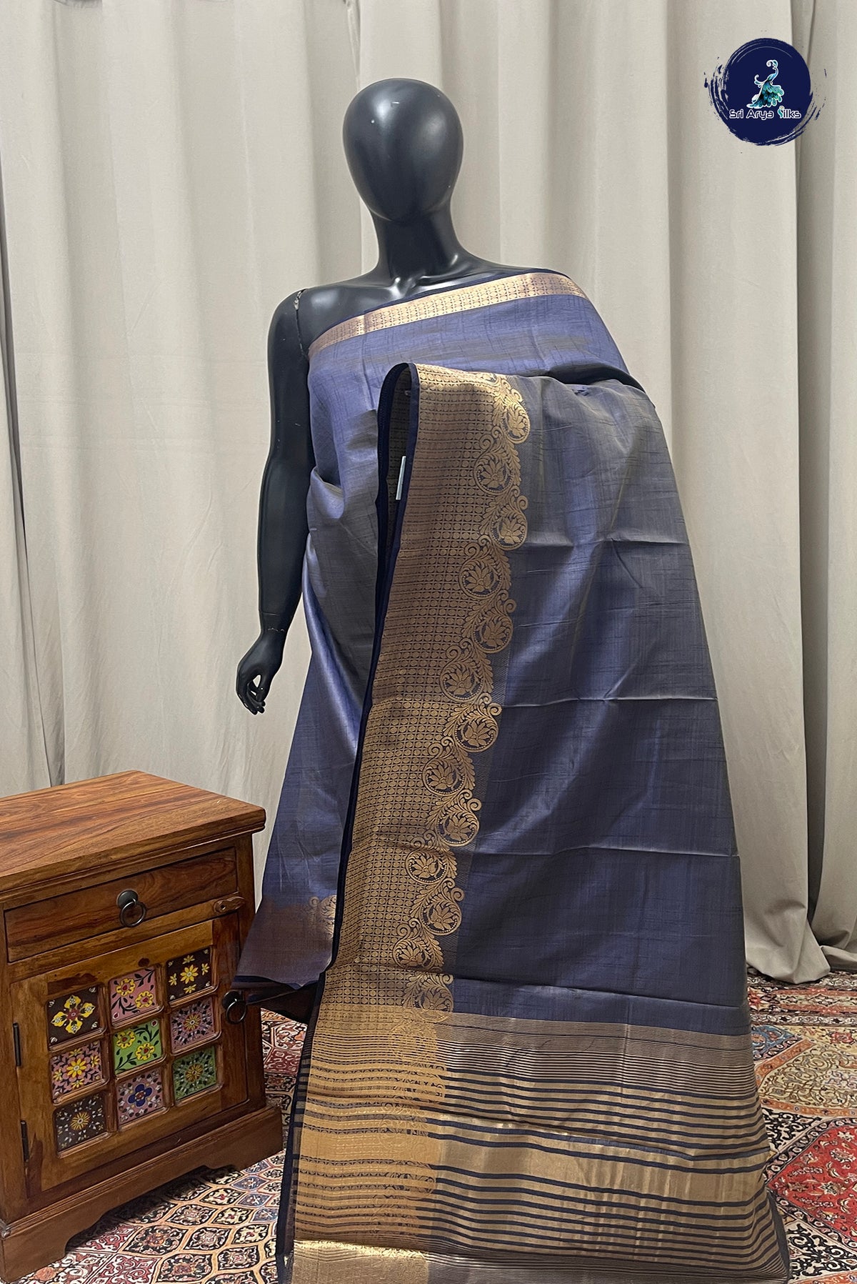 Dark Blue Semi Tussar Saree With Plain Pattern