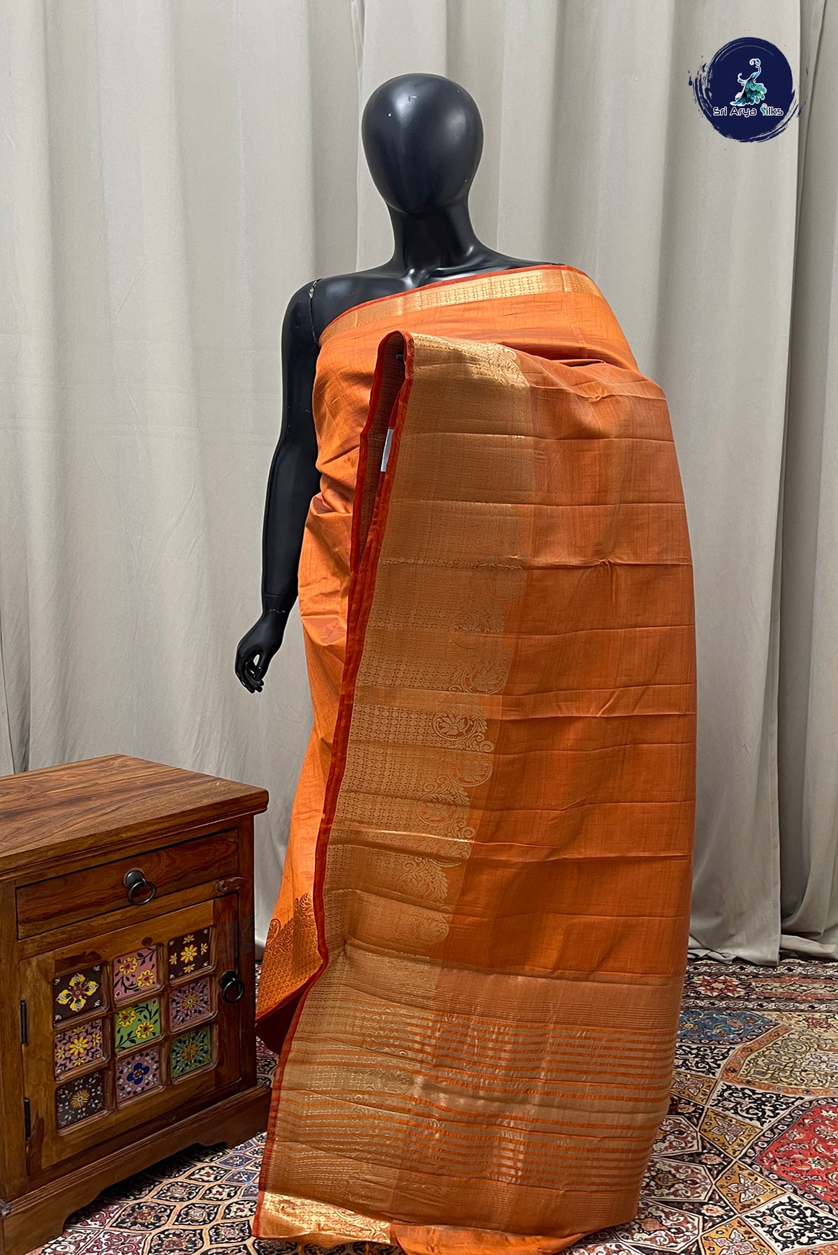 Orange Semi Tussar Saree With Plain Pattern