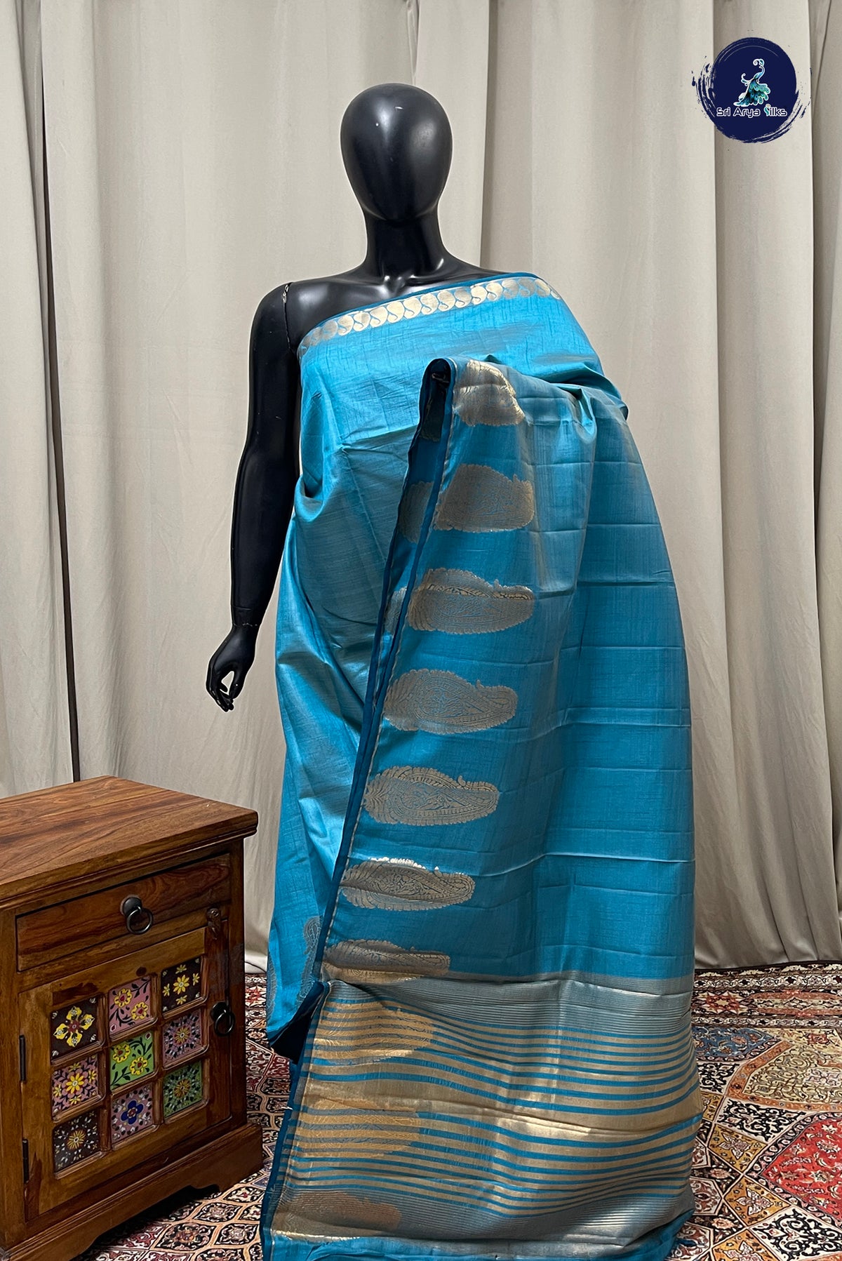 Teal Blue Semi Tussar Saree With Plain Pattern