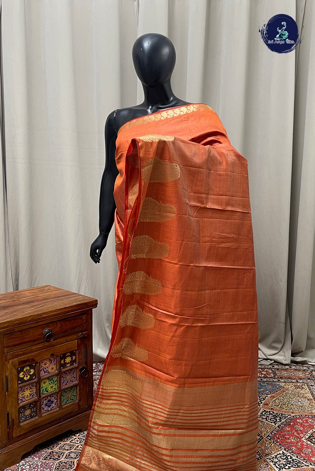 Rust Semi Tussar Saree With Plain Pattern