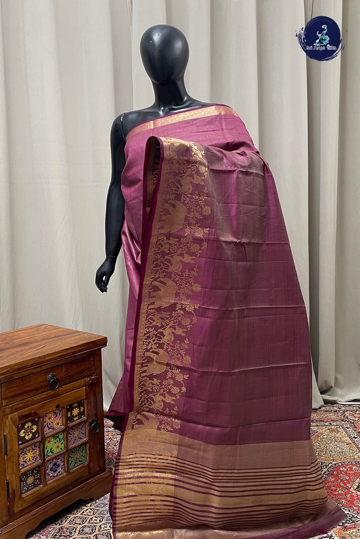 Wine Semi Tussar Saree With Plain Pattern