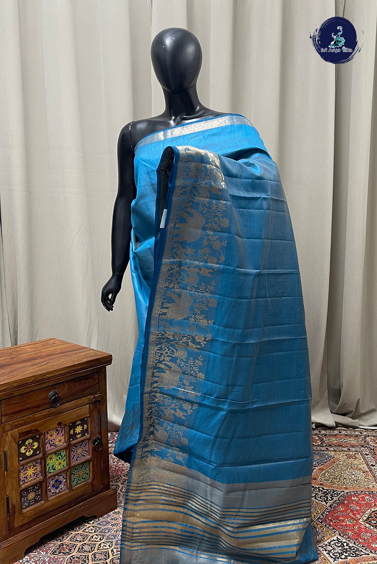 Blue Semi Tussar Saree With Plain Pattern
