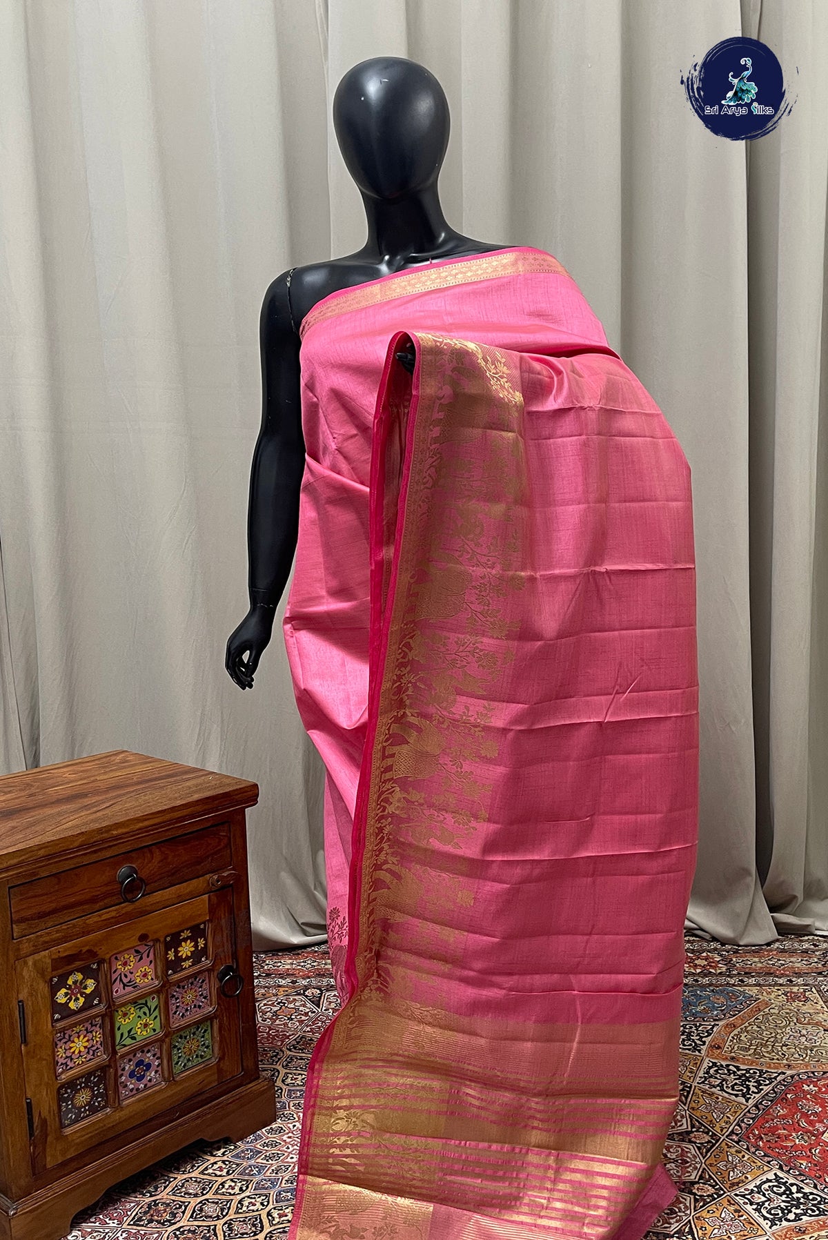 Light Pink Semi Tussar Saree With Plain Pattern