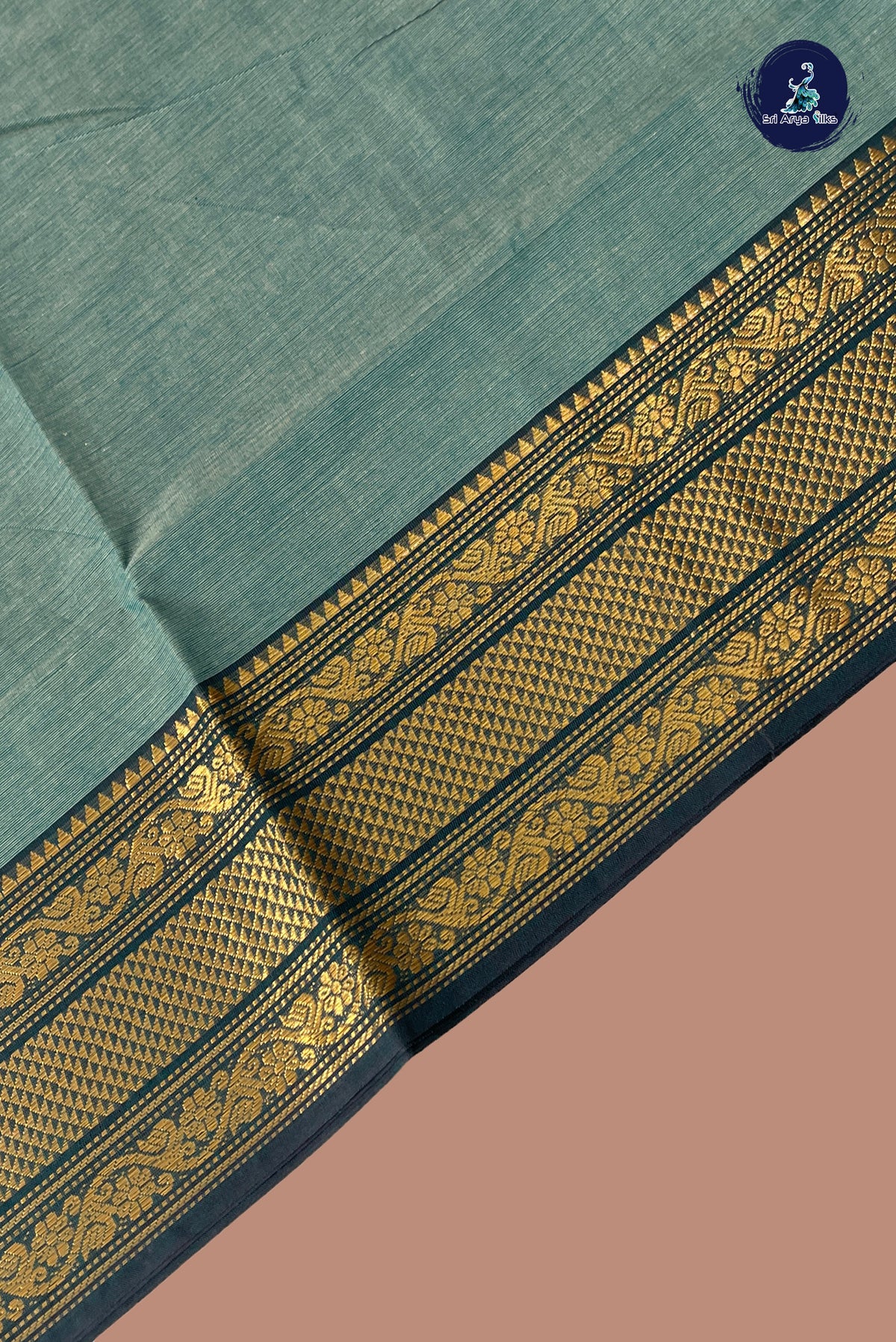 Bluish Green Kanchi Cotton Saree With Plain Pattern