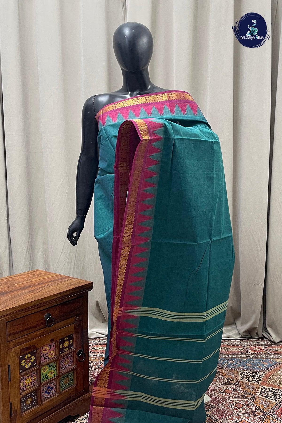 Teal Kanchi Cotton Saree With Plain Pattern