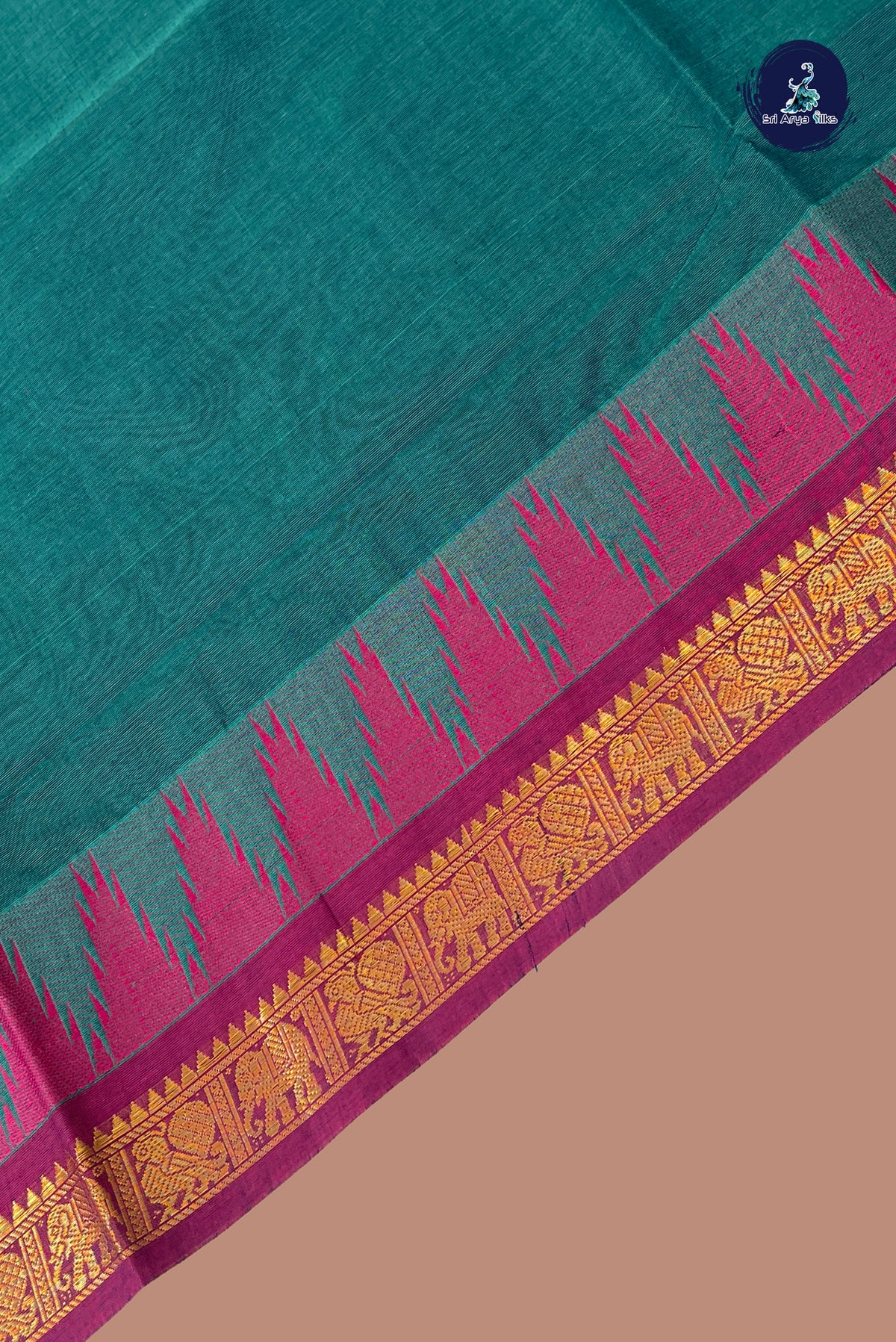 Teal Kanchi Cotton Saree With Plain Pattern