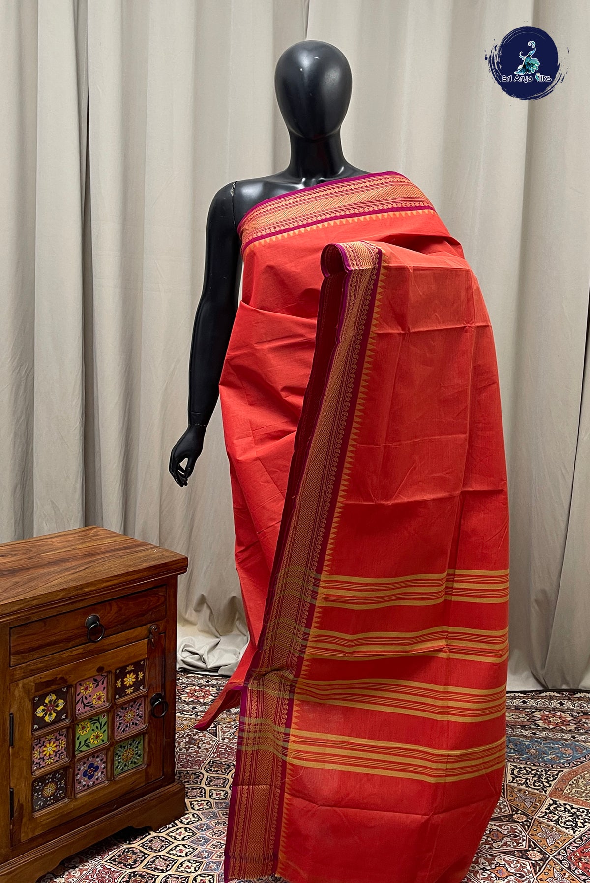Orangish Pink Chettinad Cotton Saree With Plain Pattern