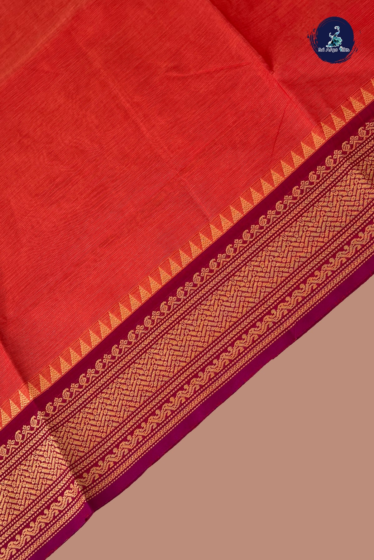 Orangish Pink Chettinad Cotton Saree With Plain Pattern