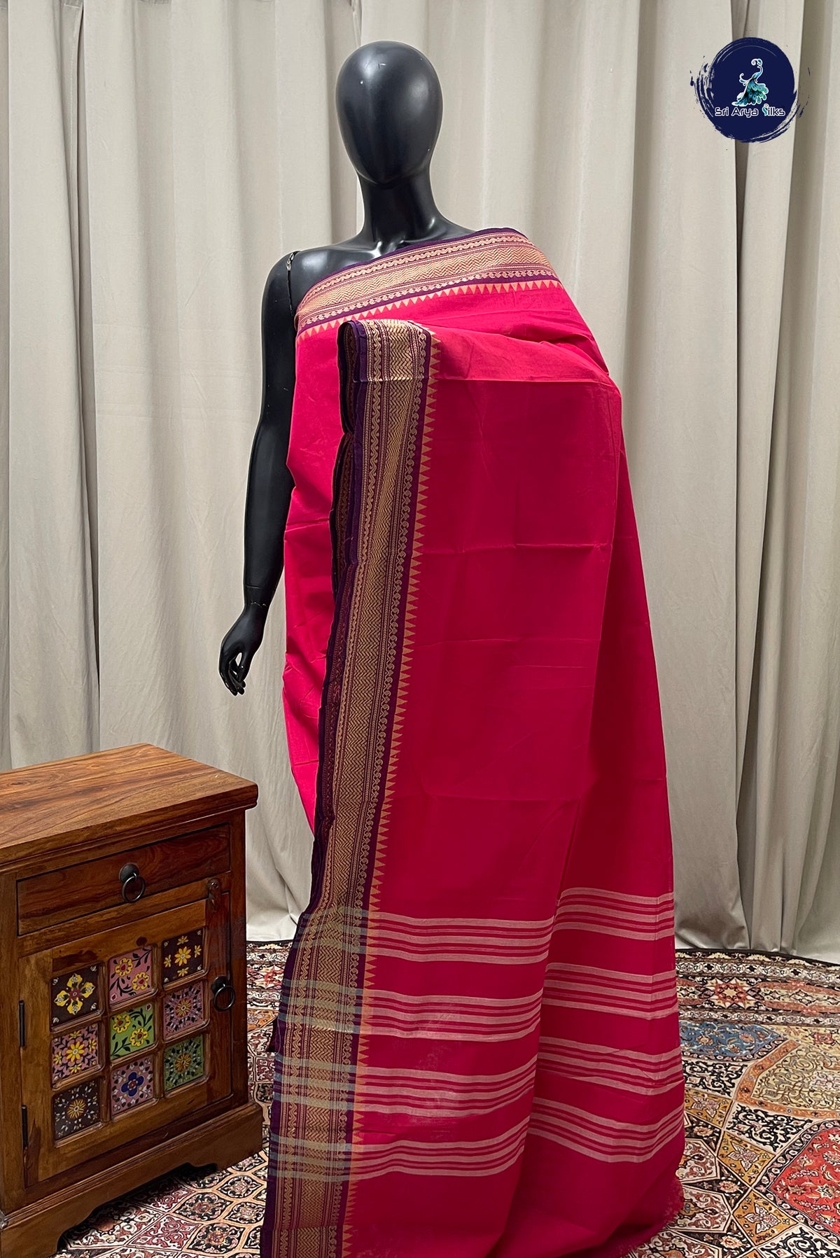 Dark Pink Chettinad Cotton Saree With Plain Pattern